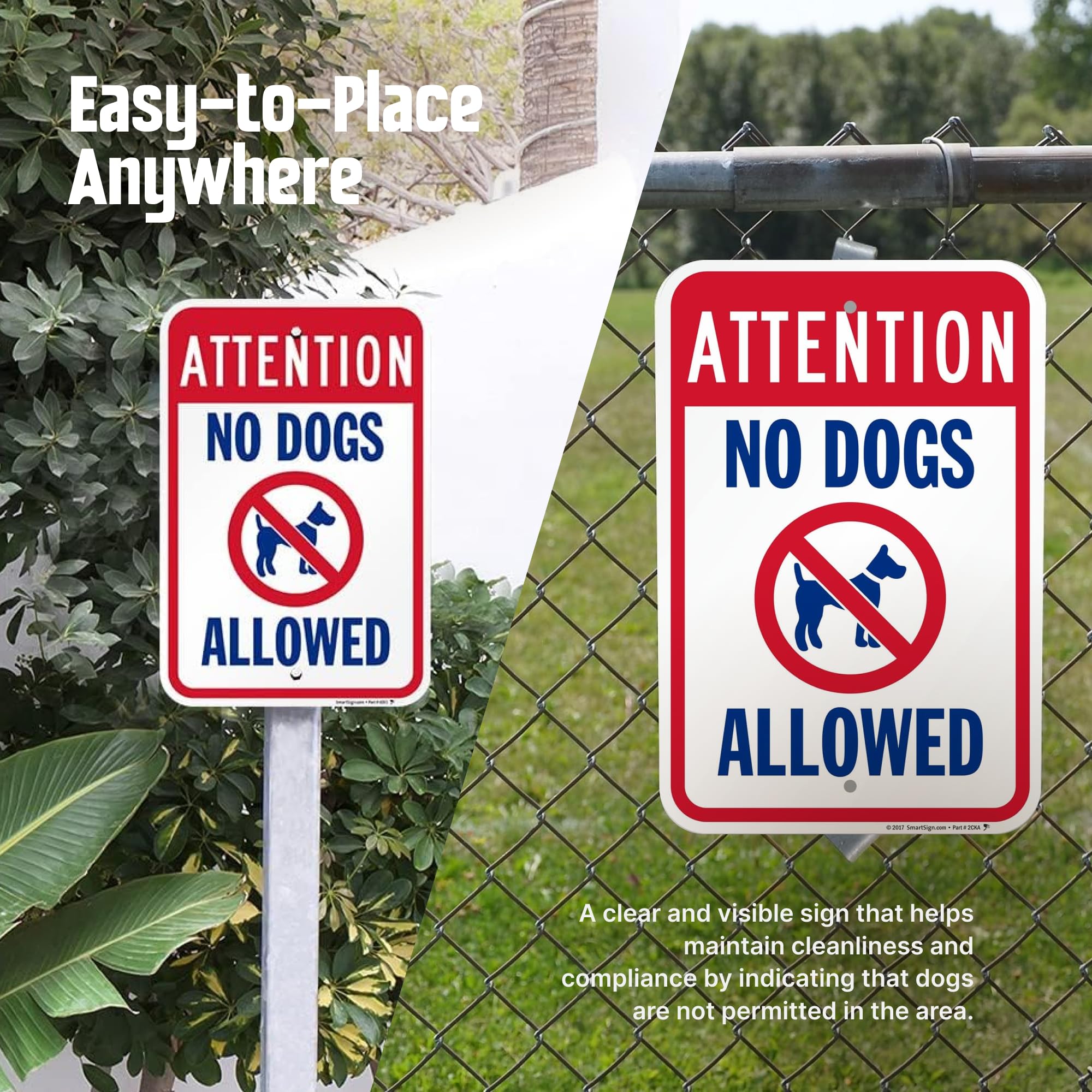 SmartSign Cartel de atención no permitido perros – Paquete de 2, 18 x 12 pulgadas, compuesto de aluminio de 2 mm, agujeros preperforados, azul/rojo sobre blanco