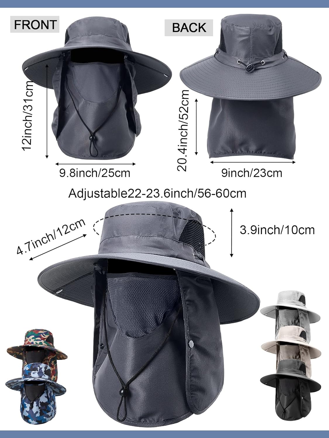 Leumoi 6 Pcs Fishing Hat for Men Women Waterproof Wide Brim with Face Cover and Neck Flap Outdoor UV Protection Hiking Hat for Fishing Garden Hiking, 6 Colors