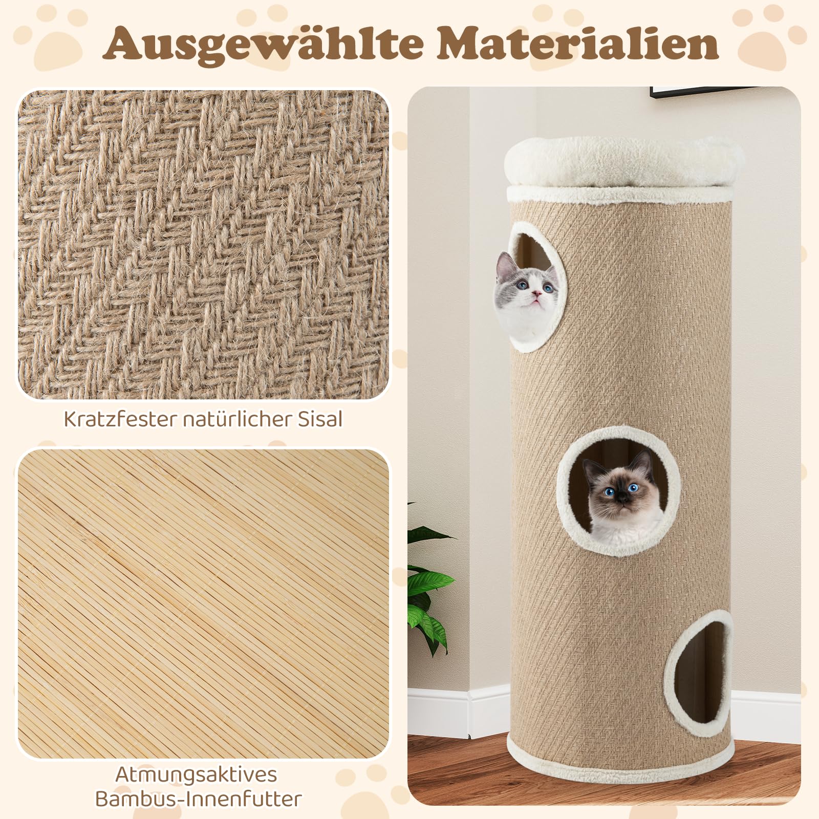 GYMAX Cueva para Gatos de 3 Pisos, Barril Rascador para Gatos con Mirador Acolchado Superior, Pared de Bambú y Tejido Transpirable, 2 Tablas de Rascado de Sisal y 3 Entradas (Beige)
