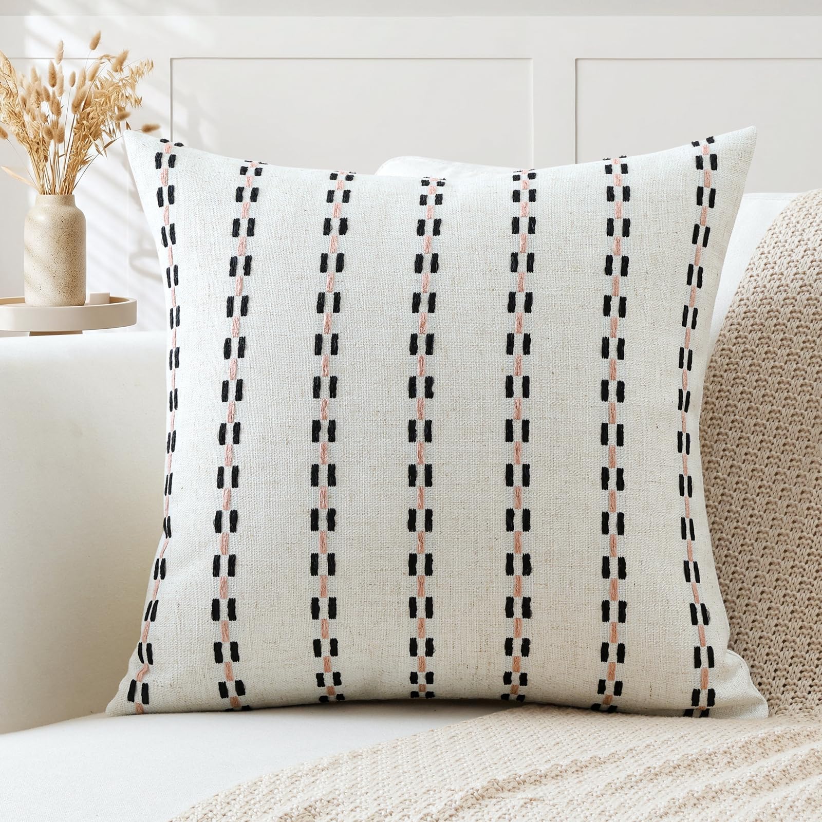 Artscope Pack of 1 Striped Geometric Cushion Cover 60x60cm Soft Square Pillowcase Decorative Farmhouse Accent Couch Throw Pillow Cover for Living Room Bedroom Black + Pink