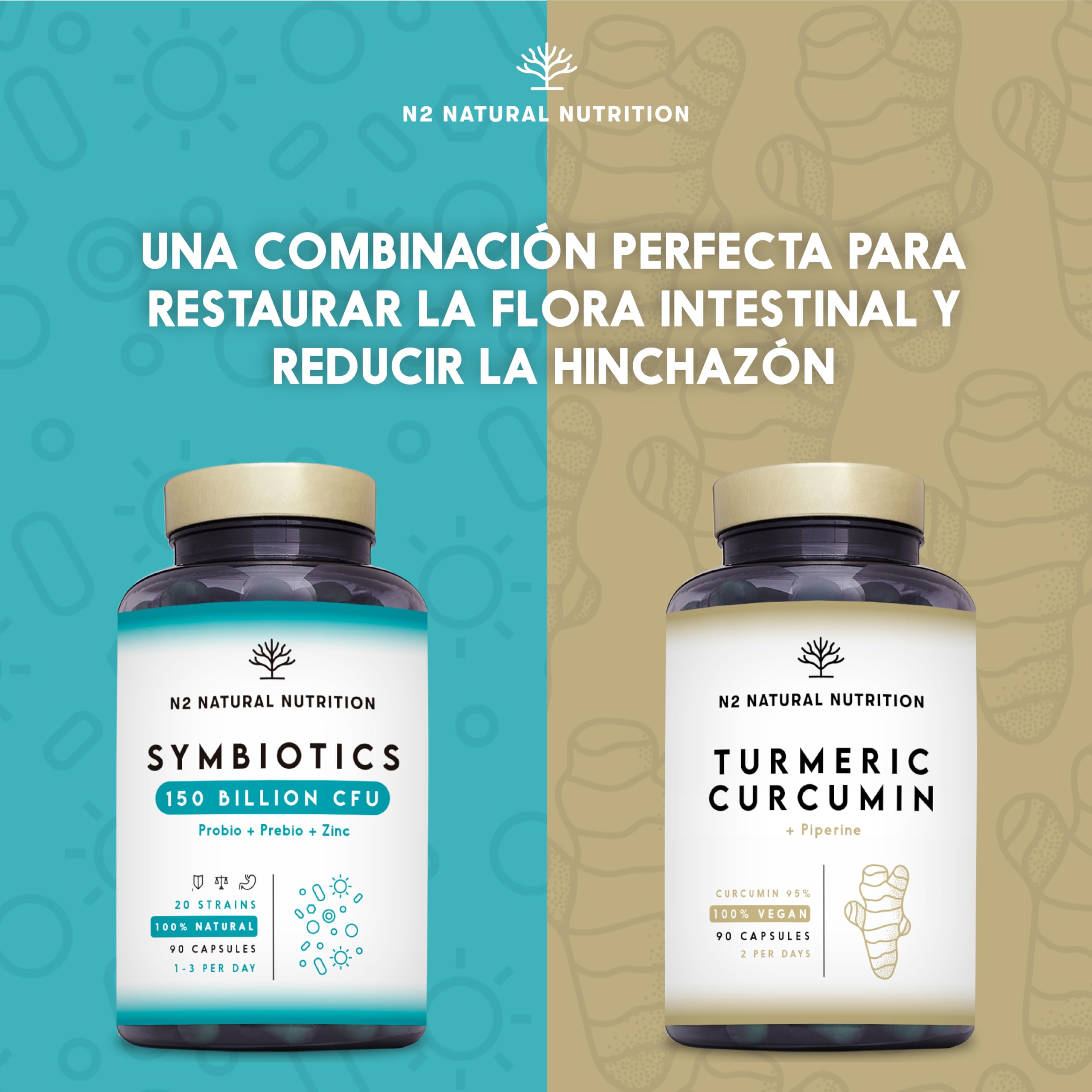 Probioticos 150 mil millones UFC y 20 Cepas. Máxima concentración de Probioticos y Prebioticos intestinales y Zinc. Terapia de choque 76 Días. Colon irritable y gases. Vegano. CE. N2 Natural Nutrition