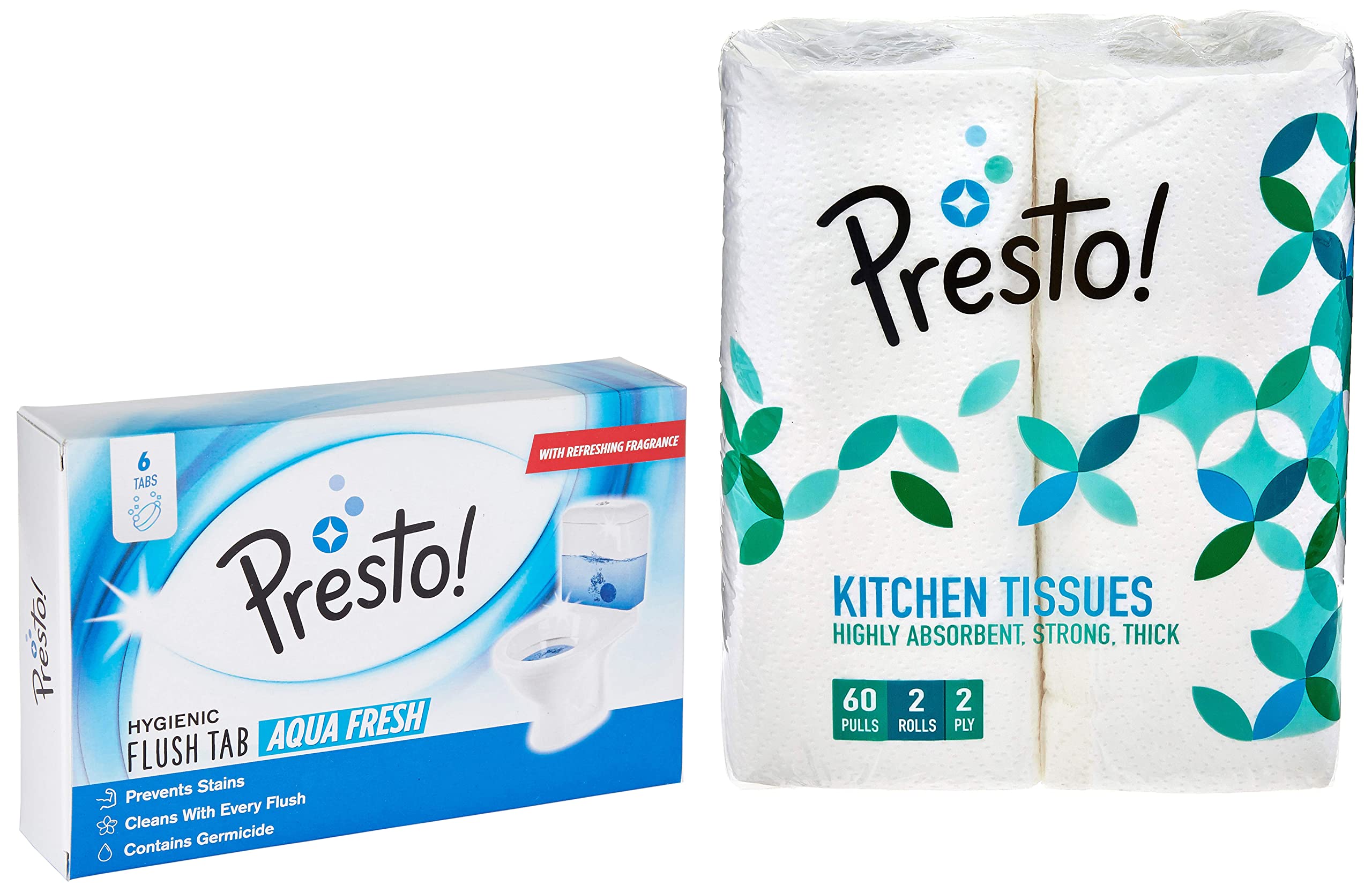 Amazon Brand - Presto! Hygienic Flush Tabs, Aqua Fresh - 50 g (Pack of 6) & 2 Ply Kitchen Tissue/Towel Paper Roll - 2 Rolls (60 Pulls Per Roll) (B0B92LN45B) Amazon Price History, Amazon Price Tracker