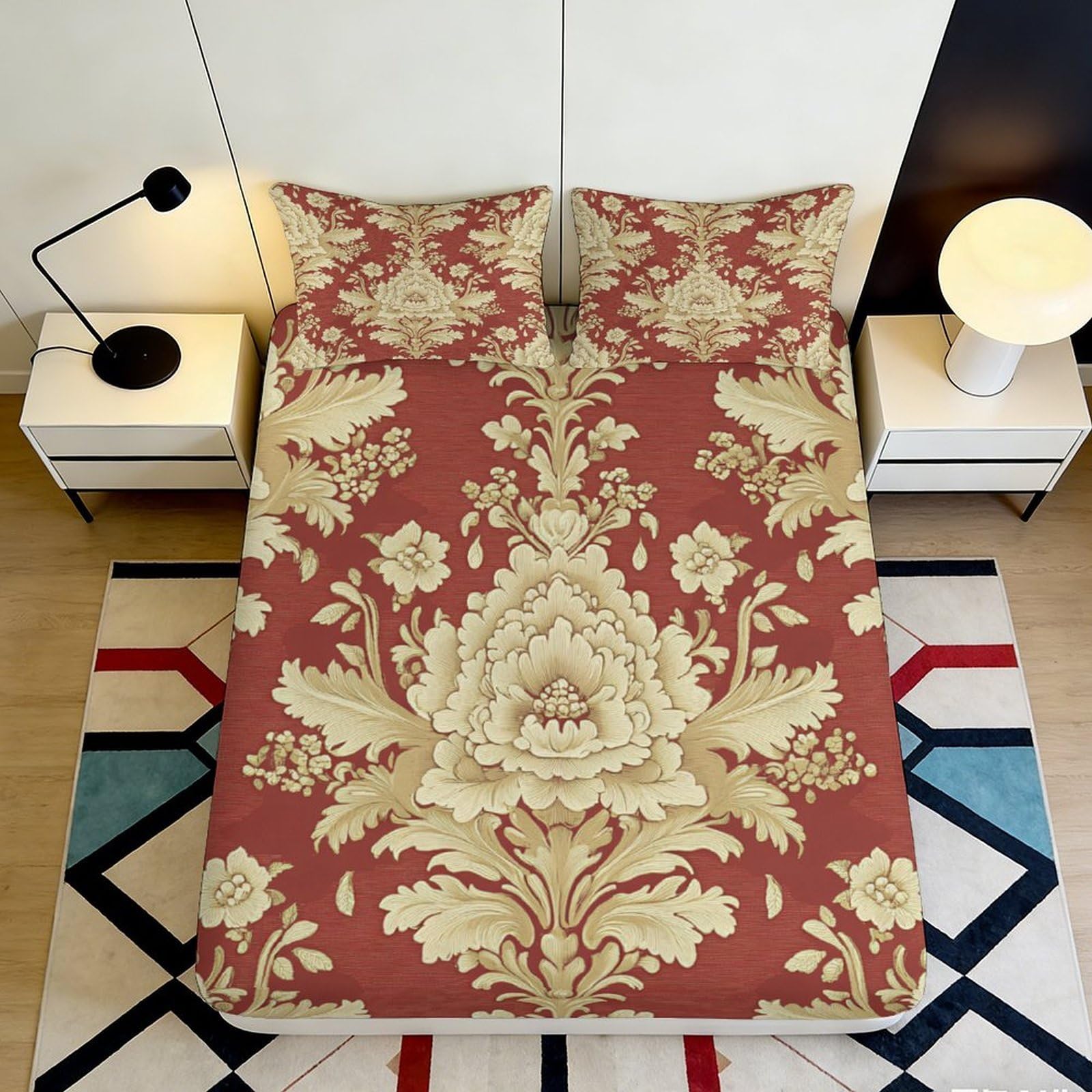 3D Printed Vintage Floral Fitted Sheet Microfiber Soft Breathable Baroque Damask Mattress Cover for Bedroom Guest Room Decor 160x200x25cm