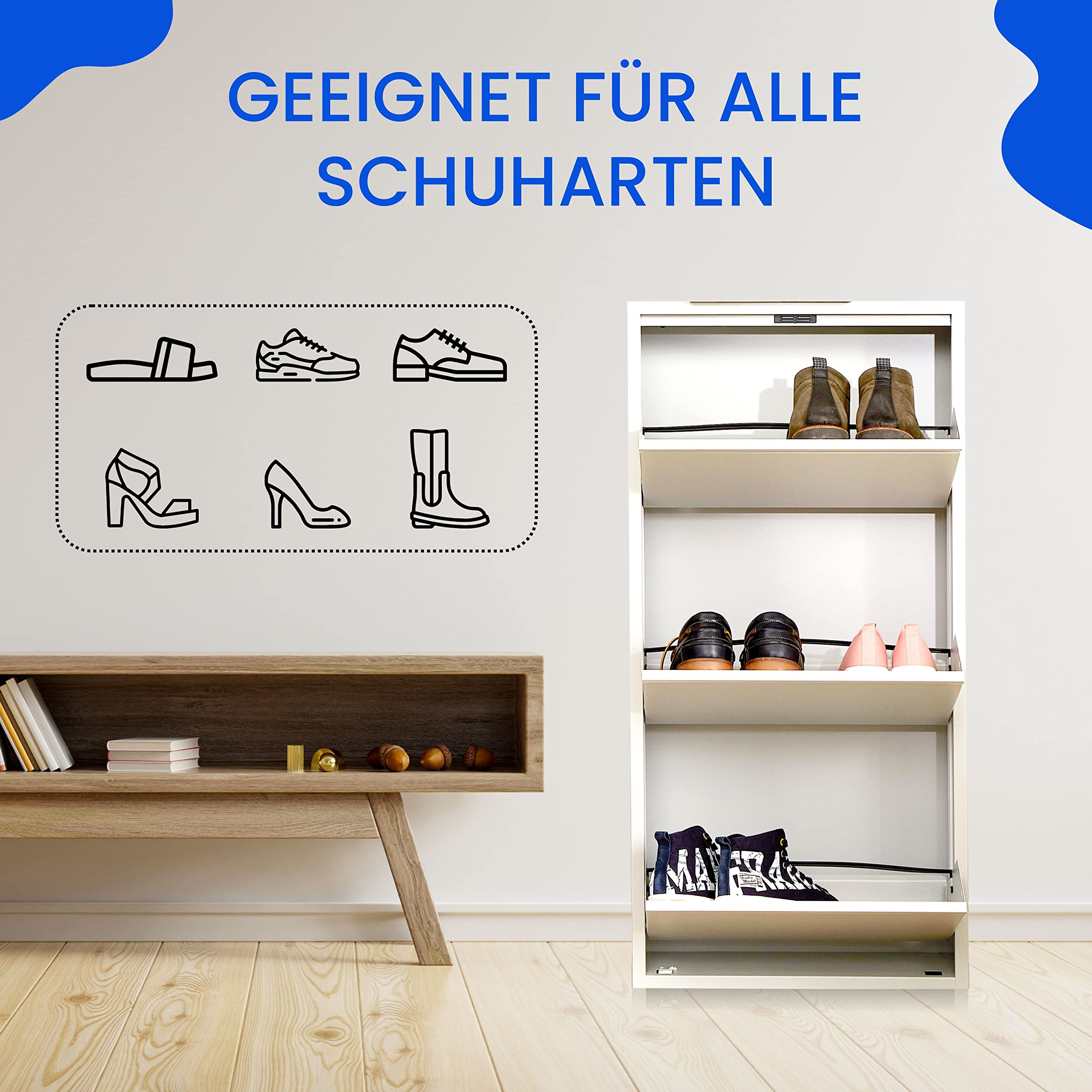 VEEHAUS Schuhregal Metall Schuhschrank Hoch Schuhkipper mit Magnetische Abdeckung Montiert Schmal und Wandmontage (Weiß, 3 Klappen)