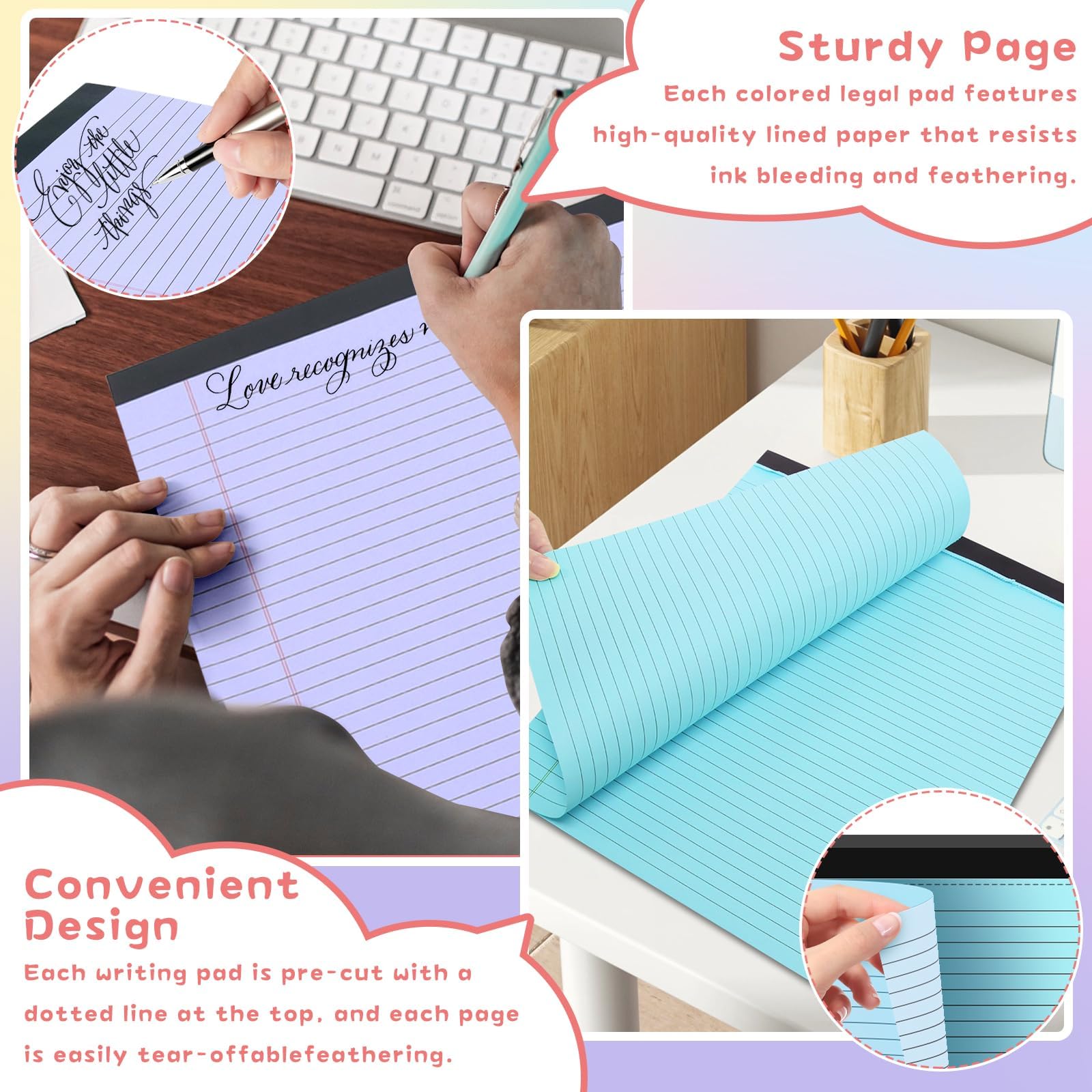 Tecmisse Paquete de 5 blocs de notas legales de 9.5 x 11 pulgadas, bloc de papel rayado de colores, bloc de escritura universitaria rayado, 40 hojas de cada bloc de papel para suministros escolares y