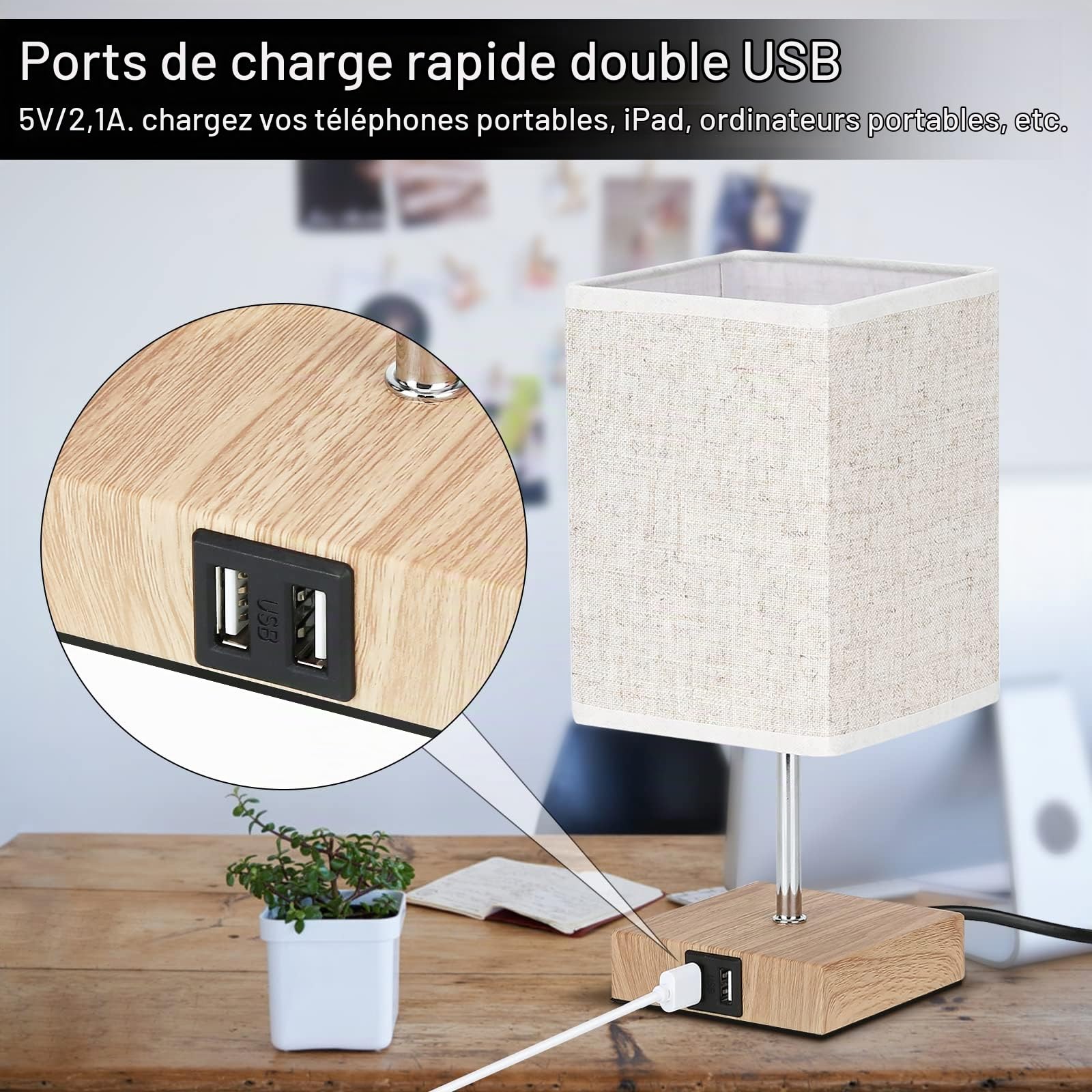 Lightess 2pcs Lampe de Chevet Bois Lampe de Chevet Tactile 3 Intensité USB Avec Ampoule E14 Abat-jour En Tissu Lampes De Table pour Chambre Bar Salon Hotêl Café Enfant Salon Bureau (Blanc Chaud) Carré