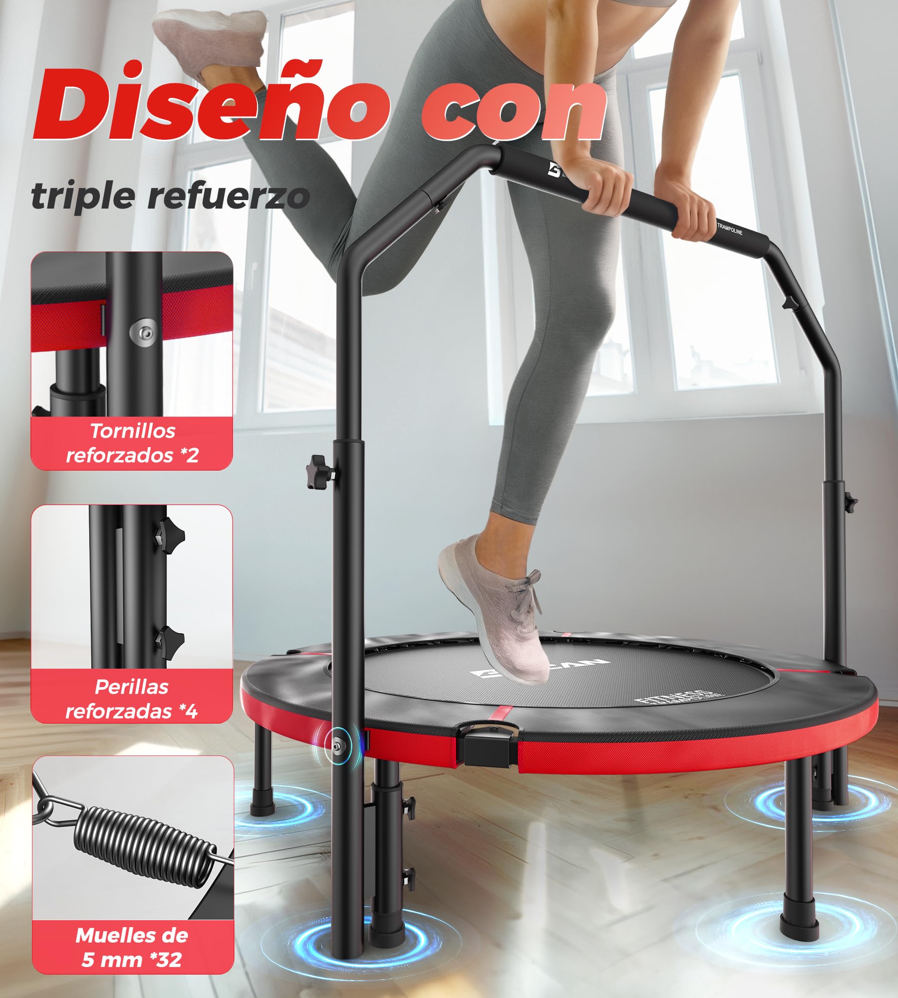 Trampolín de Interior BCAN, Mini trampolín de Fitness Plegable de 102 cm, para Adultos con asa Ajustable, Carga máxima de 150 kg, Ideal para Entrenamiento en casa y Ejercicio.
