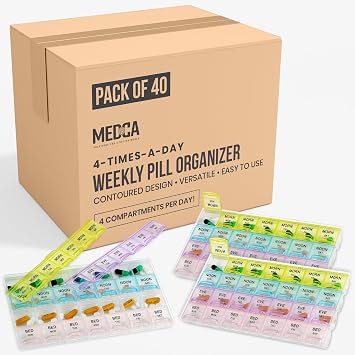 منظمو حبوب MEDCA - منظم حبوب كبير الحجم مكون من 40 عبوة مع مقصورات أسبوعية ويومية 4 مرات يوميًا للصباح والظهيرة والمساء والليل - علبة حبوب خالية من مادة BPA ومحمولة وصديقة للسفر