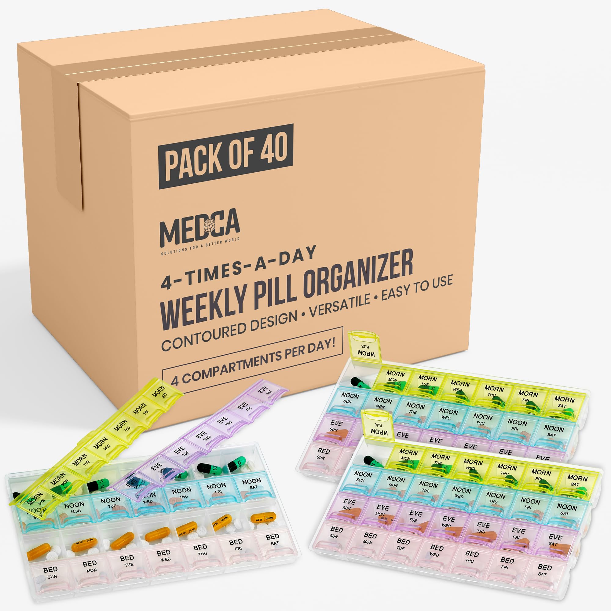 MEDca Pill Organizers - (40 Pack Bulk) Large Pill Organizer with Weekly and Daily 4-Times-A-Day Compartments for Morning, Noon, Evening, Night -