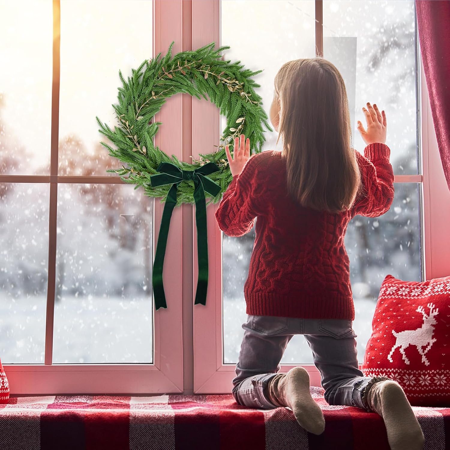 17" Christmas Wreath for Front Door with Golden Leaves & Green Velvet Bow, Real Touch Norfolk Pine Wreath Realistic Winter Cedar Wreaths for Indoor Outdoor Decorations, Wall Window Xmas Decor - Image 6