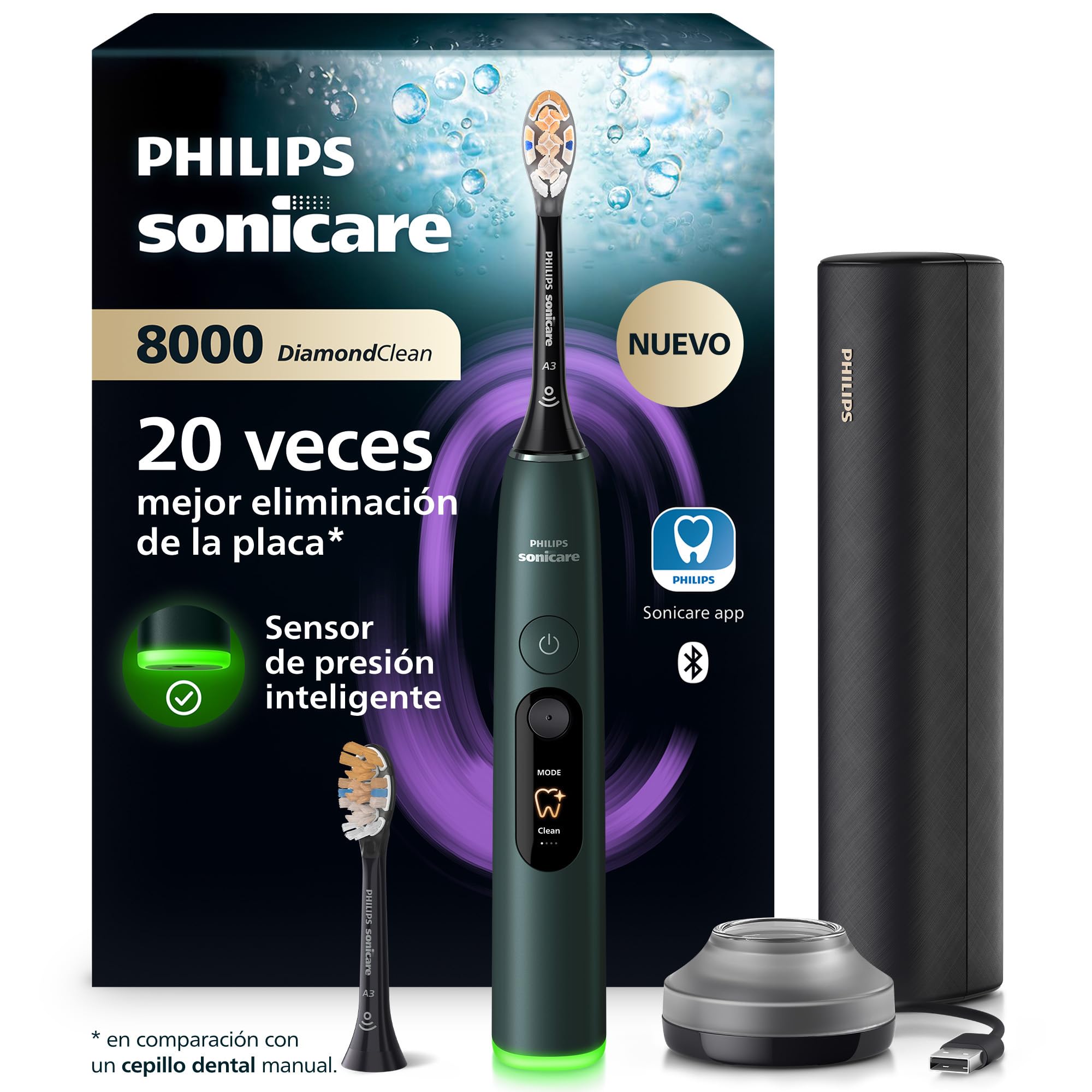 Philips Sonicare Next-Generation DiamondClean 8000 Cepillo de dientes eléctrico - con Smart Pressure Feedback y 15 ajustes, verde oscuro, HX8312/14