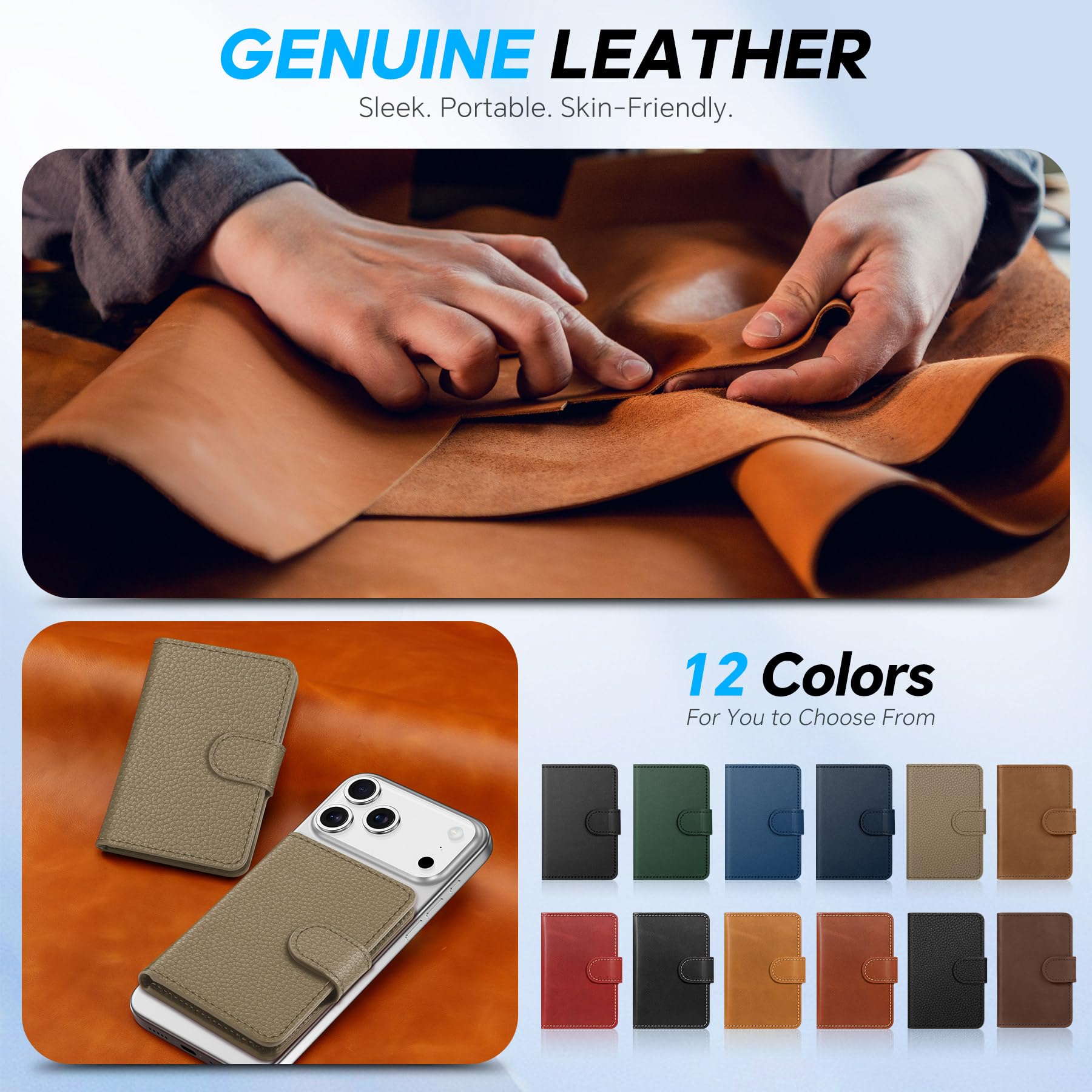 SHIELDON Tarjetero Adhesivo, Cartera Magnética de Cuero Genuino Extraíble [Bloqueo RFID][Ranura para Tarjeta] Leather Phone Wallet para iPhone Serie 17/16/15/14/13/12 - Grano de Litchi Caqui