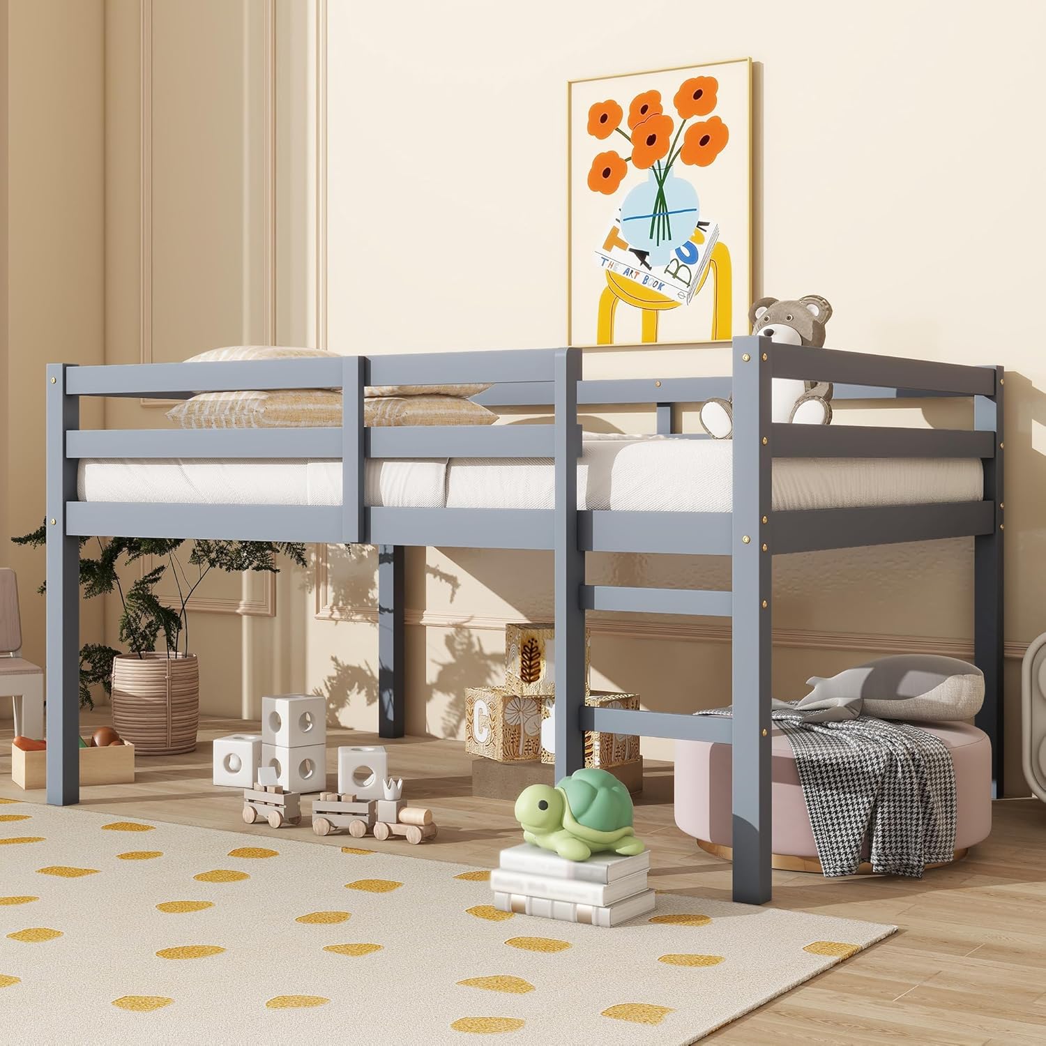 Full Size Loft Bed - Rubber Wood Loft Bed with Safety Ladder & Guardrails, Bed Platform with Strengthened Slats, Low Height Bed Frame with Storage Space for Bedroom Guest Room, Grey
