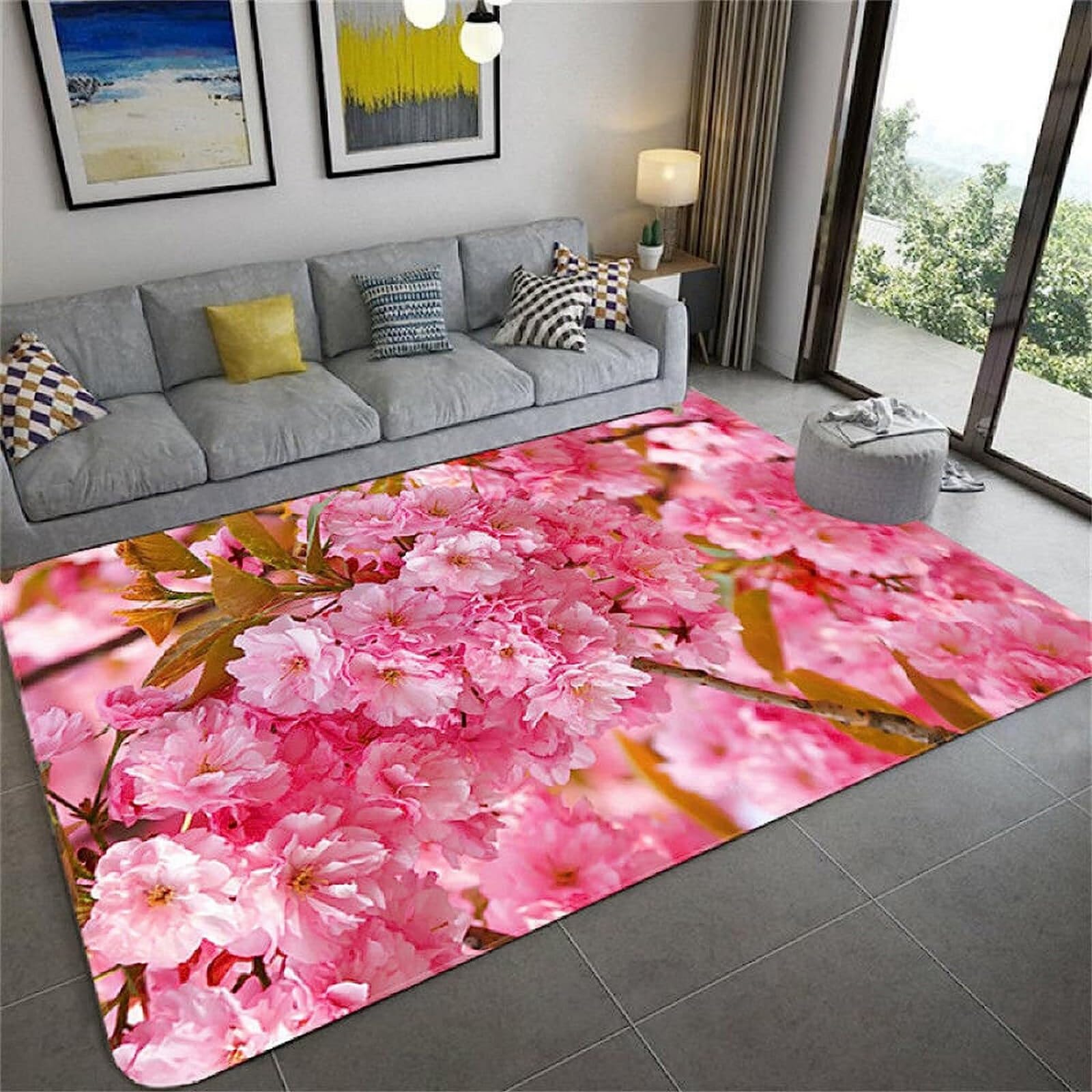 Tapis salon 120 x 160 cm carré motif fleur rose 3D