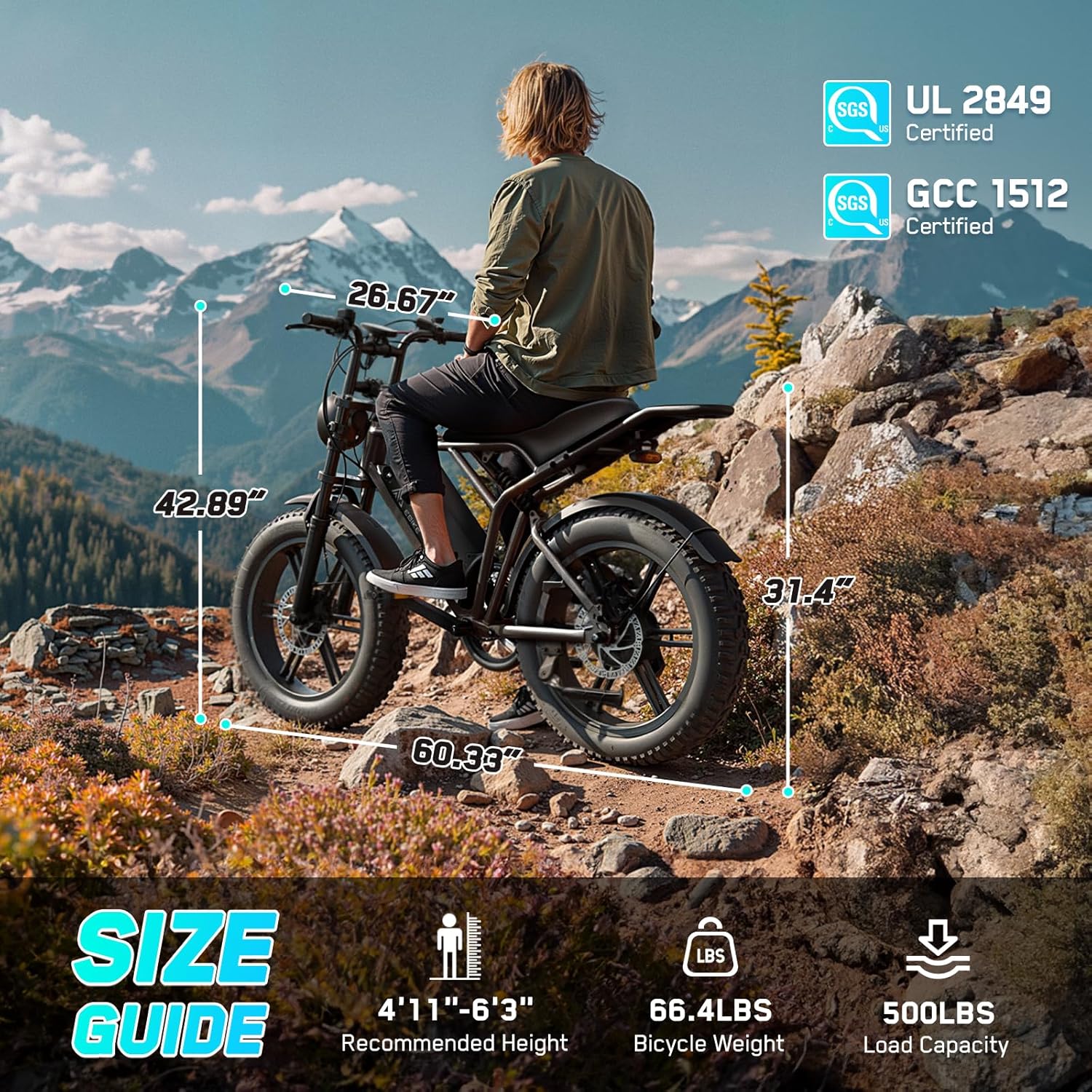 TST Electric Bike for Adults 1500W Peak 20" Fat Tire All-Terrain E-Bike 60/110 Miles 28 MPH Electric Dirt Bike - 48V 15/25 AH Battery Tested to UL 2849 Powered Electric Bicycle