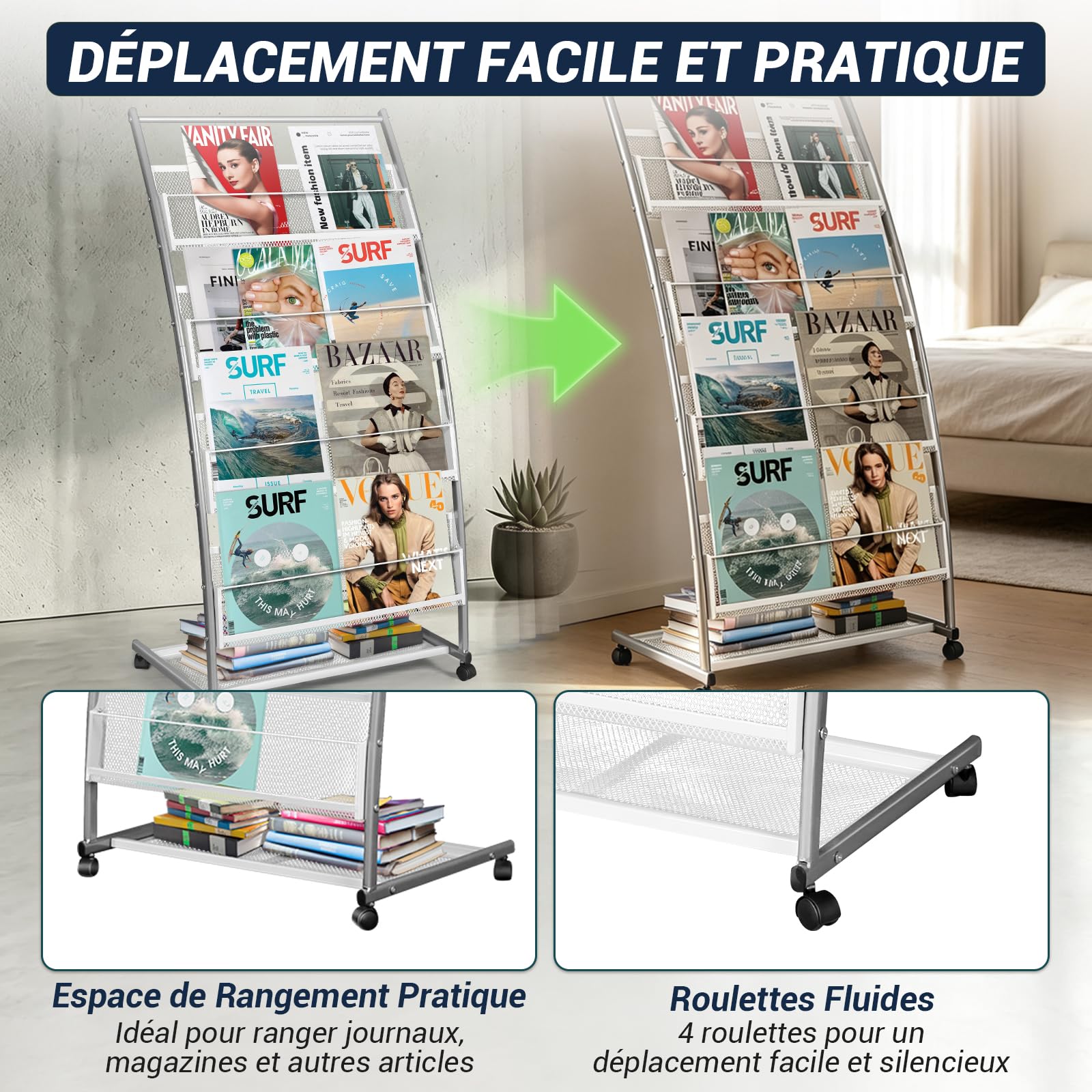 SUNDOY Espositore con opuscoli e giornali su piedistallo, supporto inclinato per libri, riviste e cataloghi con 4 ripiani (argento, 4 strati, 59 cm di larghezza)