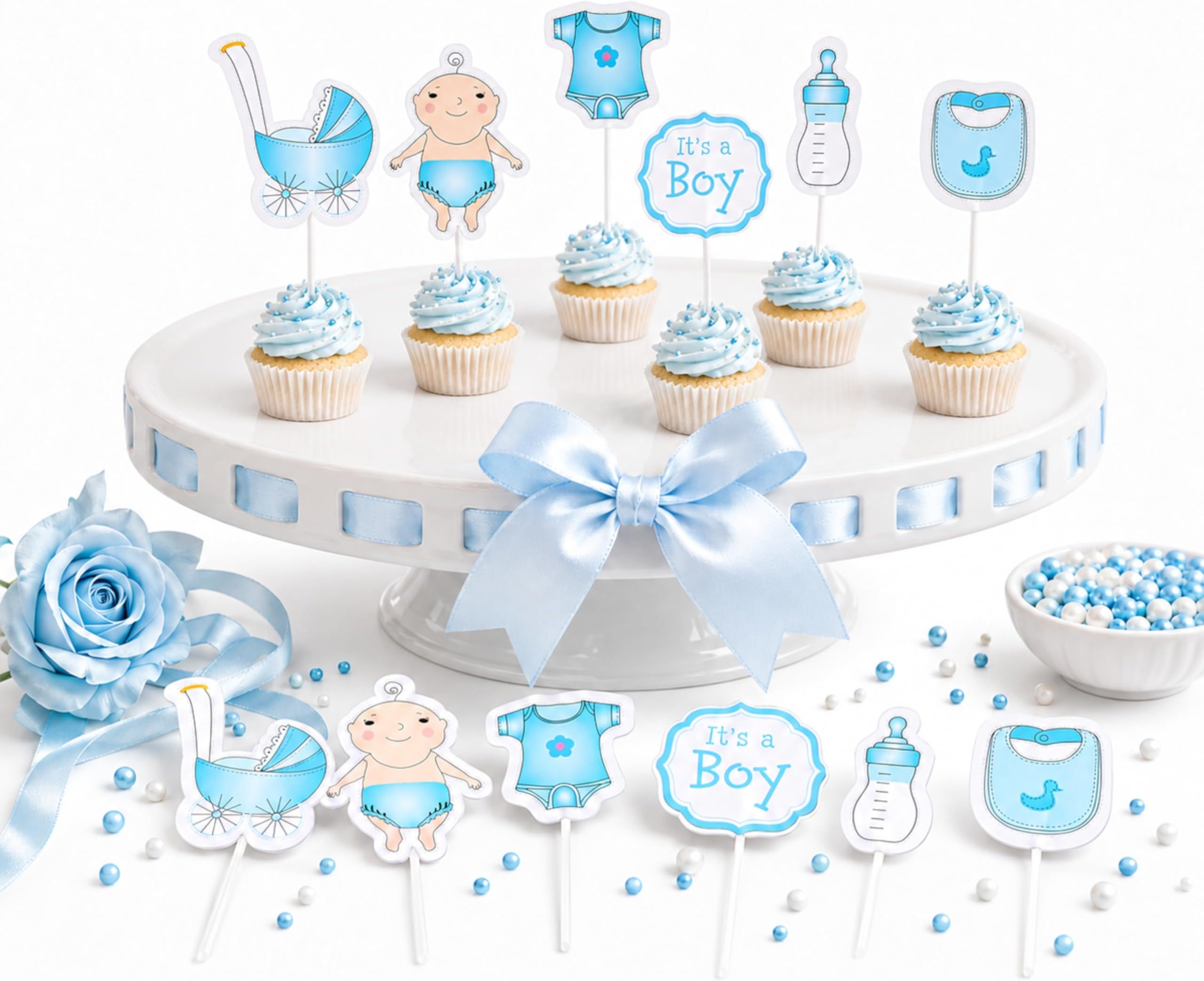 Quotidian Blue Festive Decorative Paper Cupcake Toppers 4" (10cm) Pack of 48 - Baby Shower Birthday Party Cake Decoration
