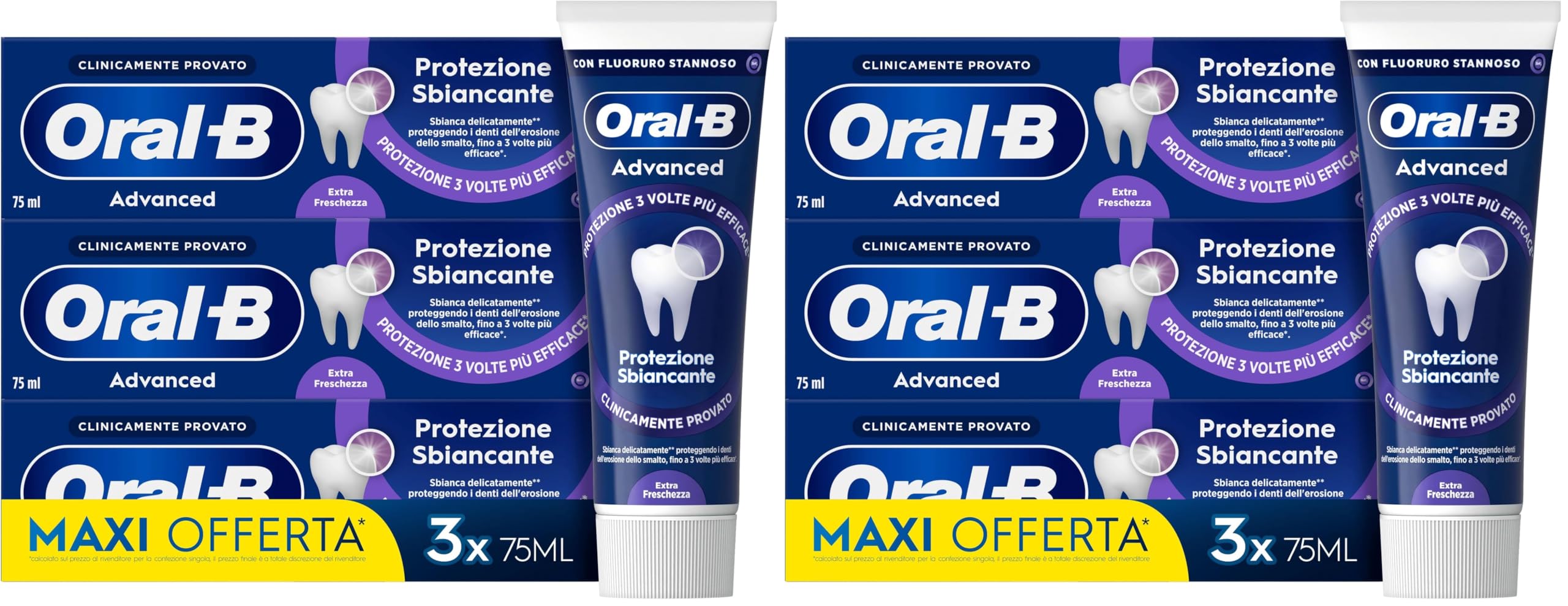 Oral-B Dentifricio Advanced Protezione Sbiancante 3x75ml, Oral B Dentifricio Sbiancante Denti, Clinicamente Provato, Pulizia Denti Efficace, Alito Fresco Sapore Menta Piperita (Confezione da 2)