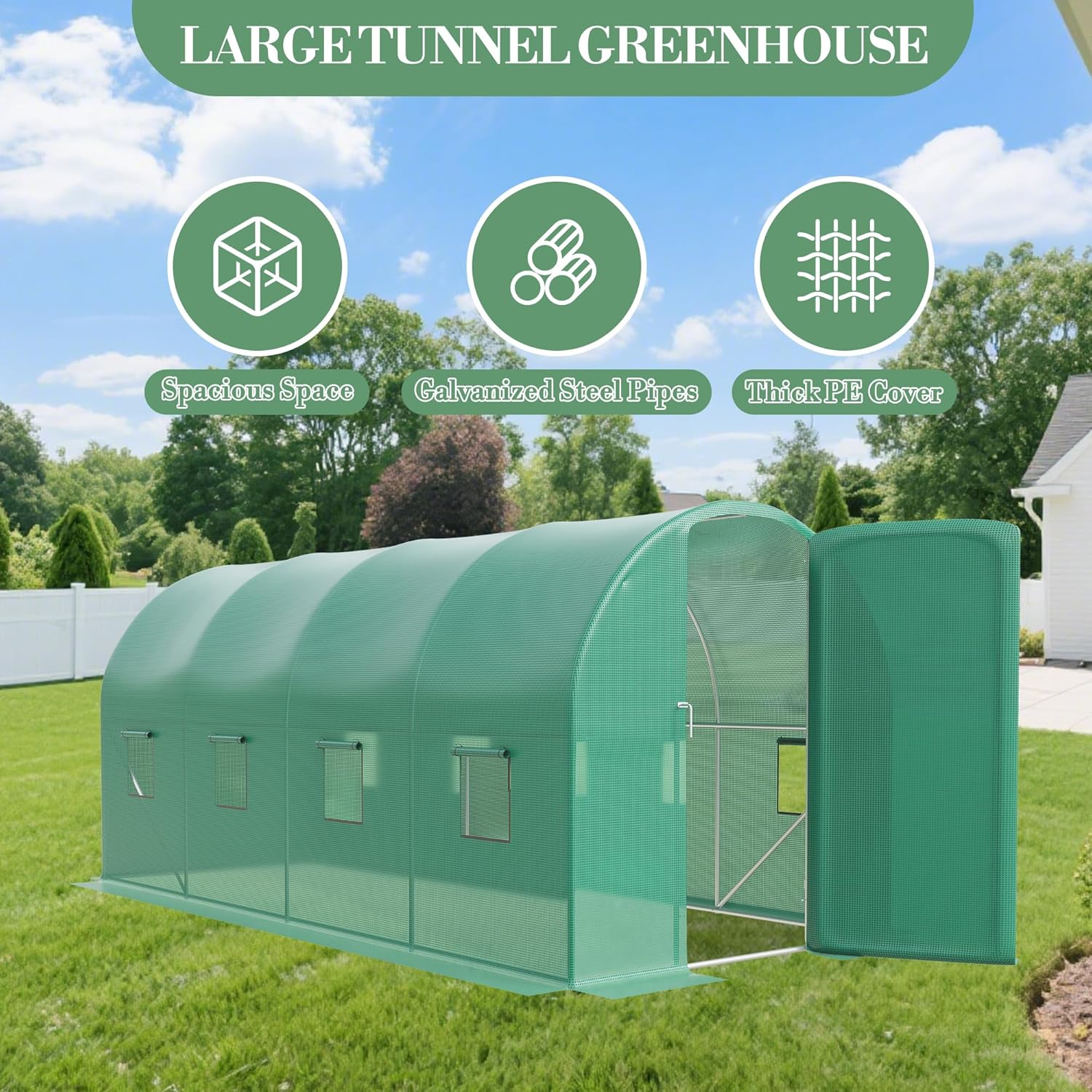15x7x7FT Walk in Greenhouses for Outdoors - Heavy Duty Galvanized Steel Hoop Green House with PE Cover, 8 Windows & A Swing Door, Plant Tunnel for Gardening, Vegetables & Year-Round Growing