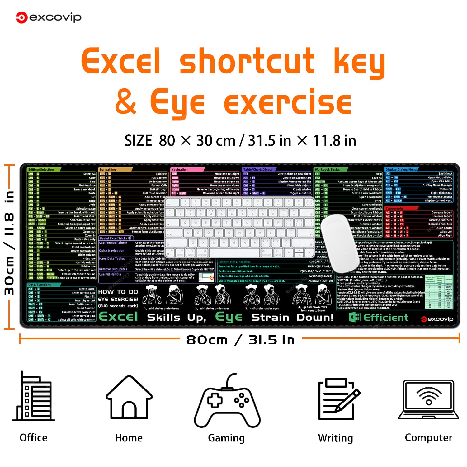 Excel Shortcut Mauspad XL (80x30 Cm) – Mit Genähten Kanten, Rutschfest & Wasserdicht, Für Büro Und Gaming