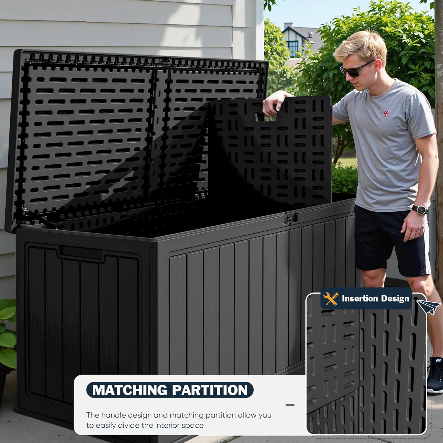 Greesum 260 Gallon HDPE Outdoor Storage Box - Waterproof, Large Capacity Deck Box with Removable Dividers for Patio, Yard, Garden Tools, Black