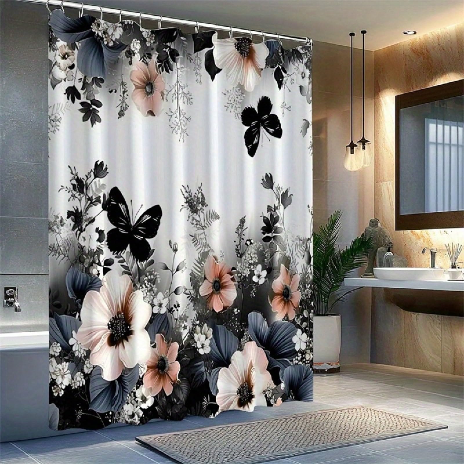 Farn-Duschvorhang, floraler Badezimmervorhang mit rosa/weiß/blauen Blumen und schwarzen Mustern (180 x 300 cm / 71 x 118 Zoll (B x H))