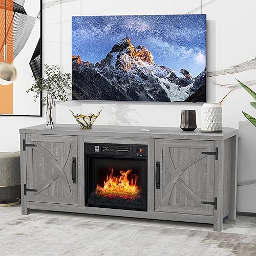 Modern 58" TV Stand with 18" Electric Fireplace Heater & Media Entertainment Center for TV up to 65 Inch, Console Table with Storage Cabinets for Living Room (Grey with Fireplace)