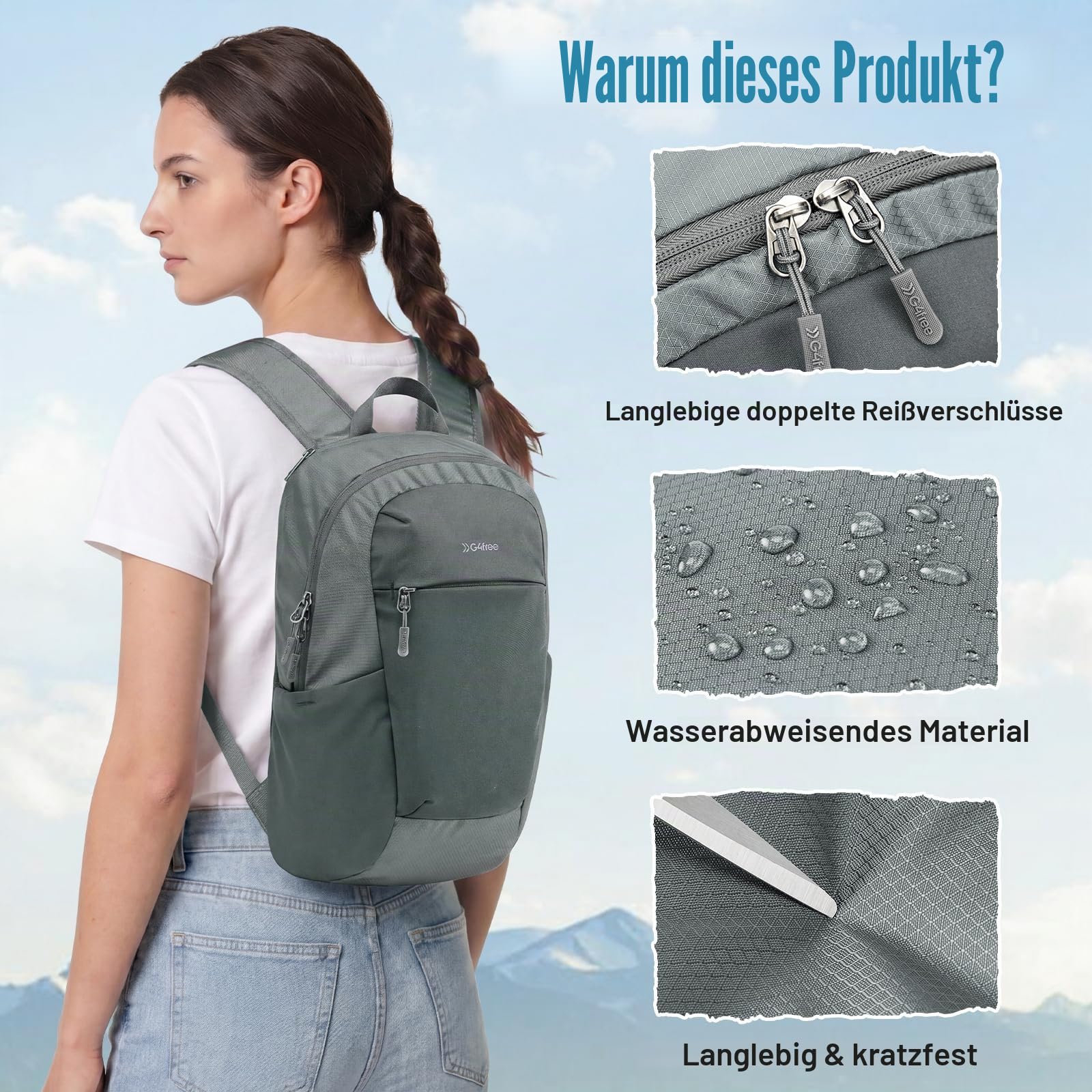 G4Free 18L Faltbarer Rucksack, Wanderrucksack Klein Leichter, Daypack Tagesrucksack Trekkingrucksack Damen Herren für Wandern Travel Camping Fahrrad Outdoor, Grau