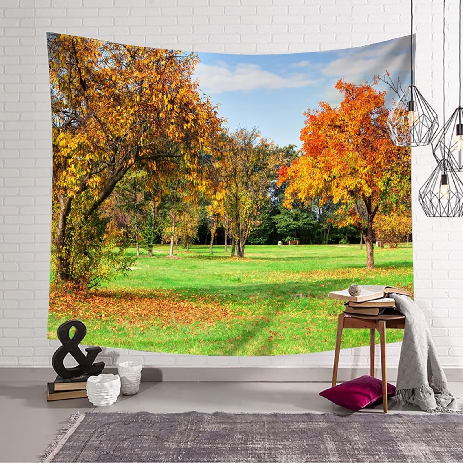 Tolldek Dywan ścienny, pomarańczowy, zielony, 300 x 256 cm, krajobraz, naturalny, gobelin, ozdoba na ścianę, drzewo, kolor trawiasty, gobelin, nadaje się do dekoracji pomieszczeń, sztuki dekoracji