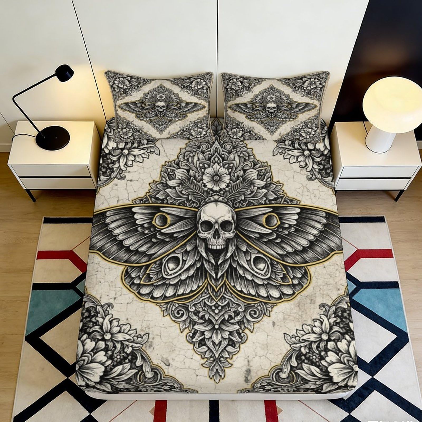 3D Printed Skull Wing Fitted Sheet Microfiber Artistic Gothic Bed Cover for Bedroom Dorm Mattress Protection Decor 90x200x25cm