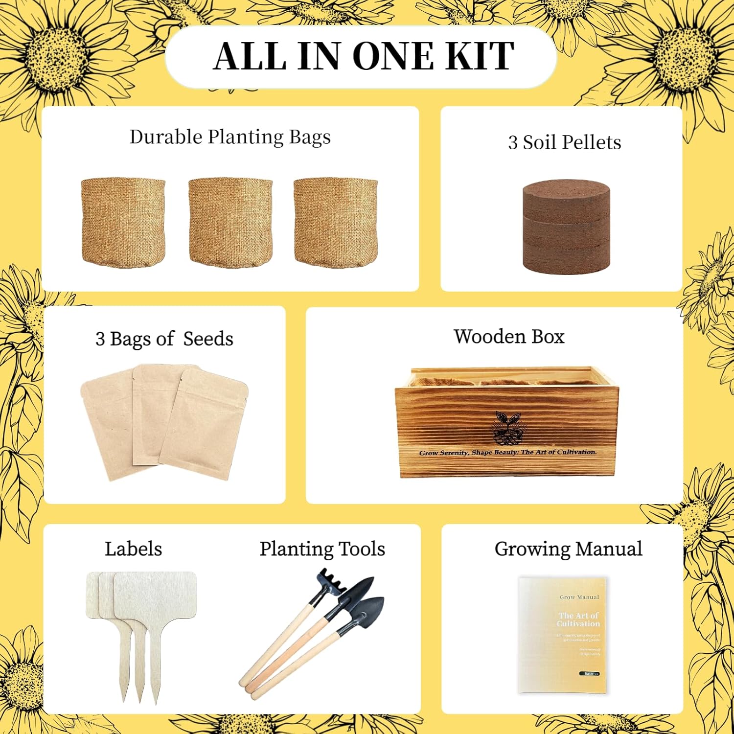 Flower Growing Kits, Windowsill Planting Kit with Planting Bags, Coir Soil & Tools Indoor Gardening Starter Kit with Seed(Sunflower, Zinnias & Marigold) Flower Gardening Gifts for Women & Men