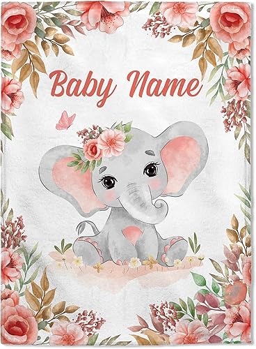 FLOCHIL Manta de bebé personalizada para niñas, manta de bebé personalizada con nombre, manta de bebé de elefante personalizada, regalo para baby