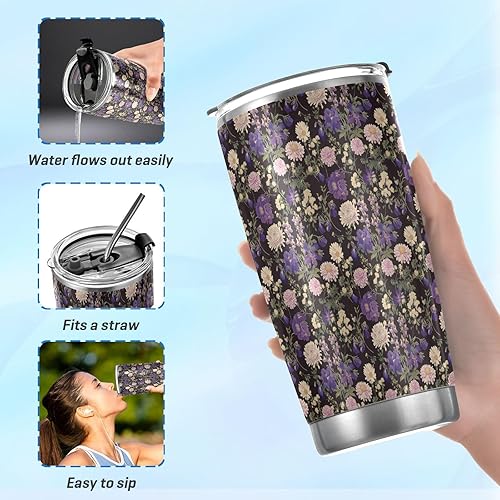 Miniatura 6 de Garden Daisy Purple Stainless Steel travel cups with Lid and Straw travel mug spill proof for hot and cold drinks simply straw tumbler 20 oz termos