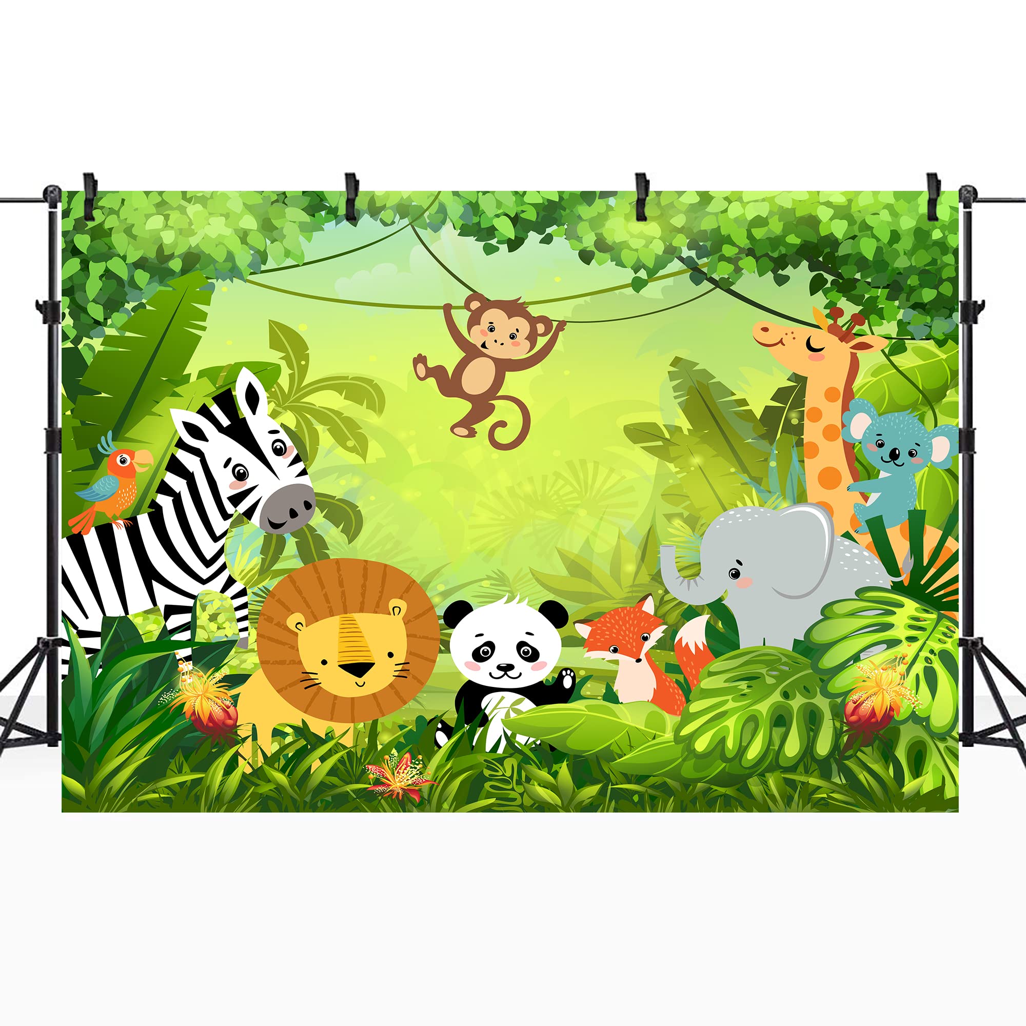 Riyidecor Jungle Safari Animal Backdrop Polyester Fabric Green Animation Kids Panda Lion 7Wx5H Feet Cute Wildlife Zoo Zebra Photography Background Birthday Baby Shower Photo Studio Shoot