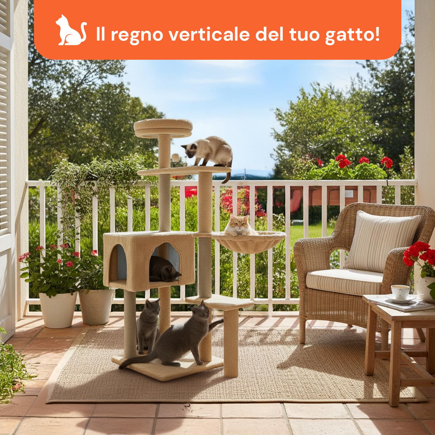 Avilia - Tiragraffi per Gatti 120 Cm Multilivello con Cuccia Chiusa e Amaca Laterale, Struttura con Colonne in Sisal e Giochi Pendente, Ideale per Uso Quotidiano in Casa (Beige)