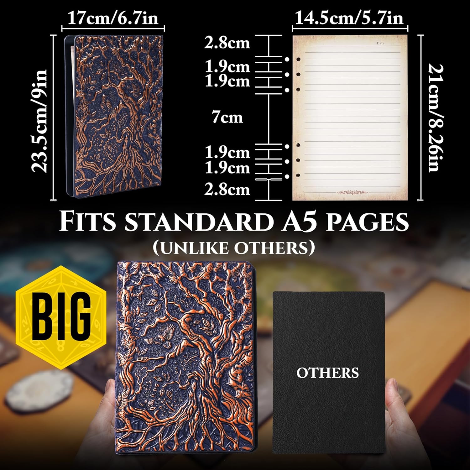 DND Notebook Journal Refillable Binder - A5 Story Forge 400 Pages (200 Sheets) with Breathtaking 3D Tree of Life Design - Perfect for Dungeons and Dragons (D&D) - Bonus Tabs and Ruler (Navy Copper)