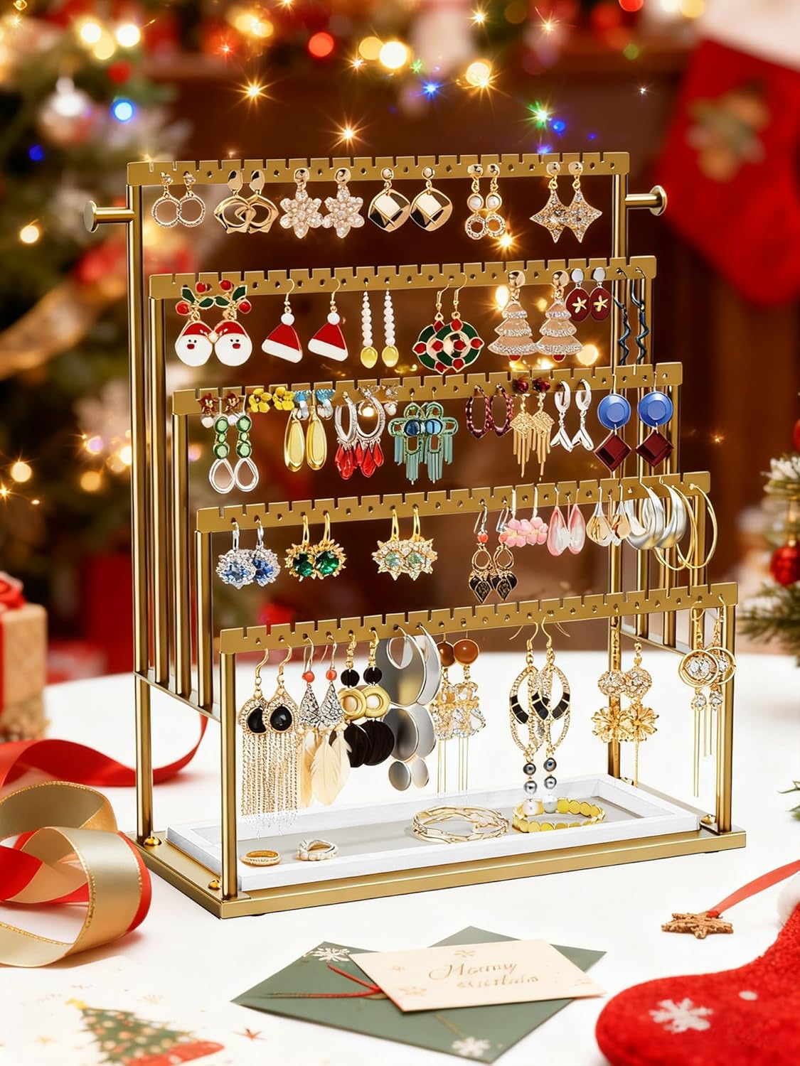 Earring Holder Organizer Gold, 5-Tier Jewelry Display Stand with Elegant Gold Metal Frame and Wooden Tray, Large Earring Holder for Studs, Hoops, Dangles, Decorative Jewelry Organizer for Women - Image 5