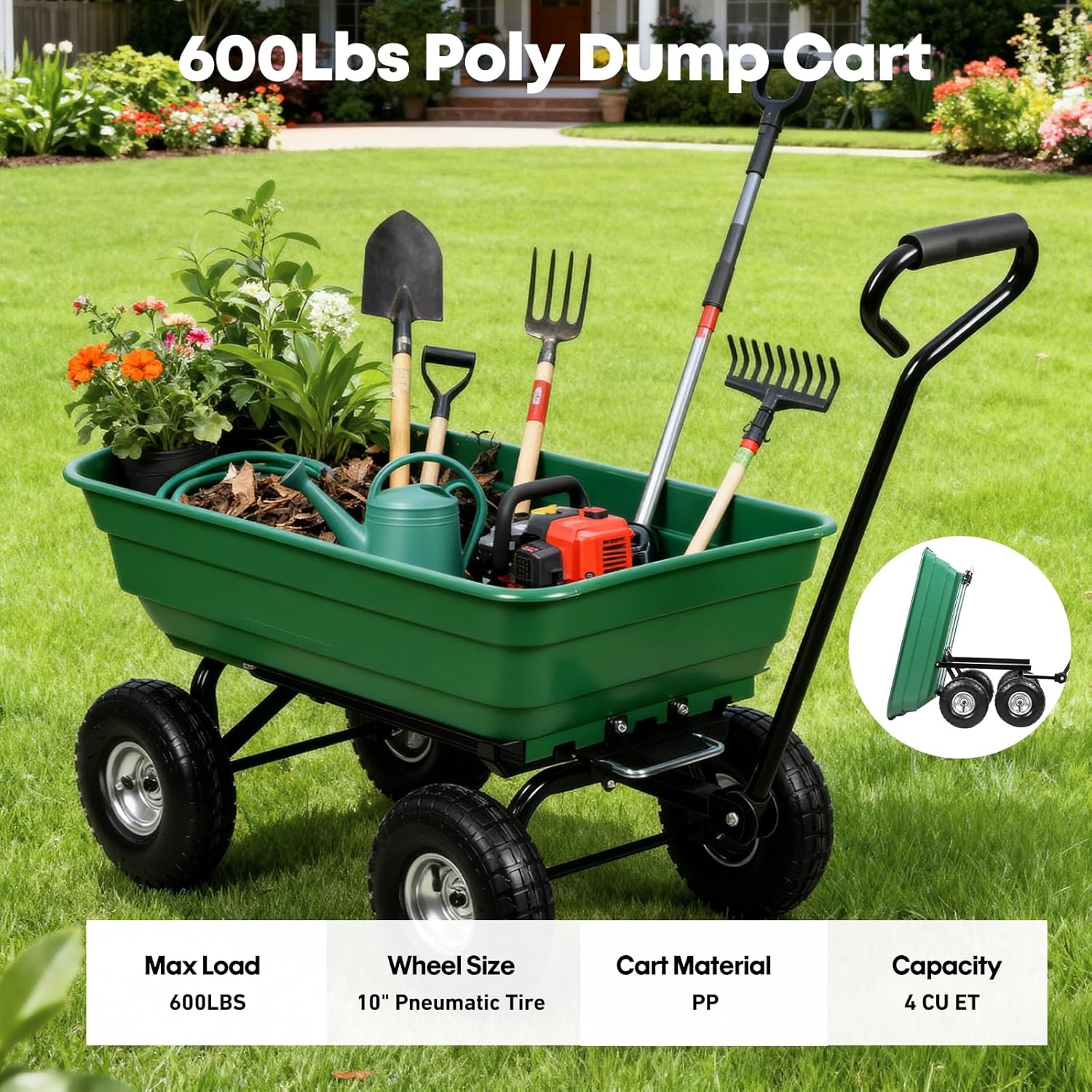 Panana Heavy Duty Garden Tipping Cart loaded with gardening tools and plants in a garden setting.