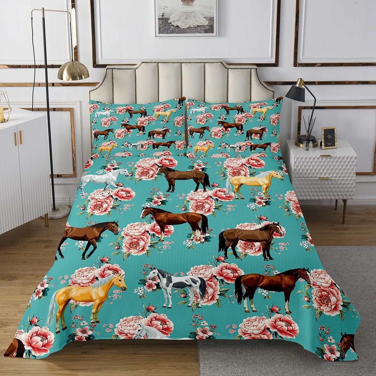 Erosebridal Girls Horse Bedspread King Size Pink Flower Quilt for Kids Galloping Horse Coverlet Set Bedroom Decor Farm Animal Horse Gifts Bedspread Quilt Set for Women, Cowboy Cowgirls Quilt