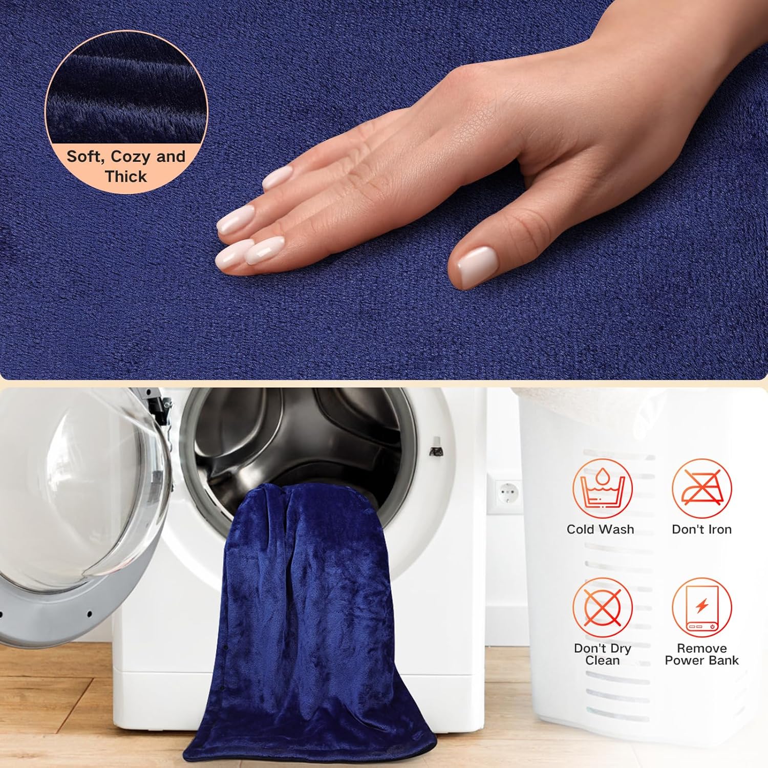 Cordless Heated Shawl with 10000mAh Power Bank - Wearable Heated Blanket with 3 Temperature Settings, Fast Heating, Machine Washable Soft Fleece for Christmas(59"x36",Navy) - Image 6