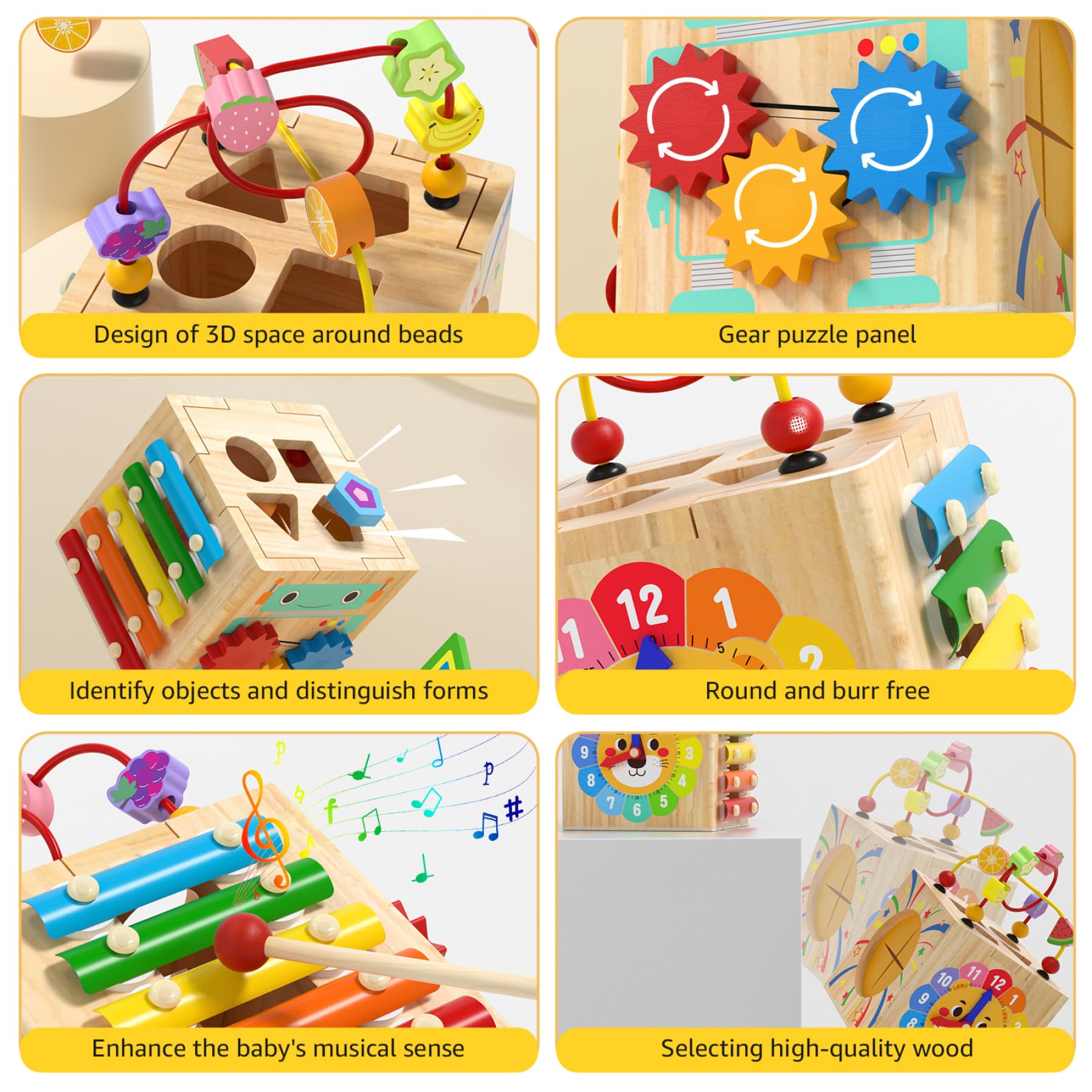 Juguetes de cubo de actividades de madera, 1 juego 6 en 1, cubo de actividades multifuncional para bebés, juguetes sensoriales educativos y de aprendizaje para niños para vacaciones y cumpleaños