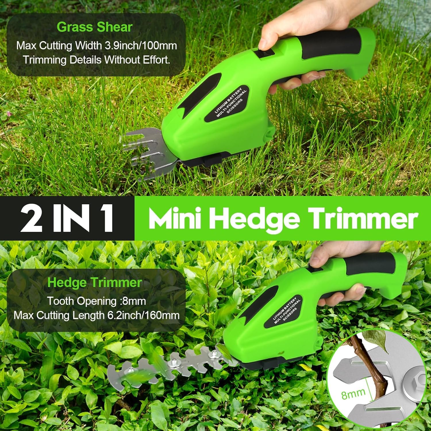 Cisailles à arbustes électriques 7,2 V, 2 en 1 Cisailles à Gazon, Coupe-haie sans Fil, avec Batterie Lithium-ION Rechargeable 2000 mAh, pour arbustes, Jardin, Herbe, pelouse et Taille