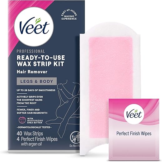Veet Ready-To-Use Waxing Kit For Women | Wax Strips For Body Hair Removal, Wax Kit For Ingrown Hair Treatment, Personal Care Product, Hair Remover | 40ct Waxing Strips, 4ct Body Wipes