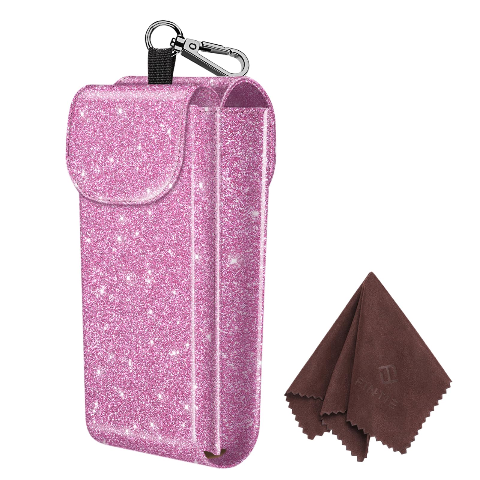 FINTIE Double Glasses Case with Carabiner Hook, Portable Vegan Leather Eyeglass Case Anti-scratch Sunglasses Pouch, Glittering Purple, Large