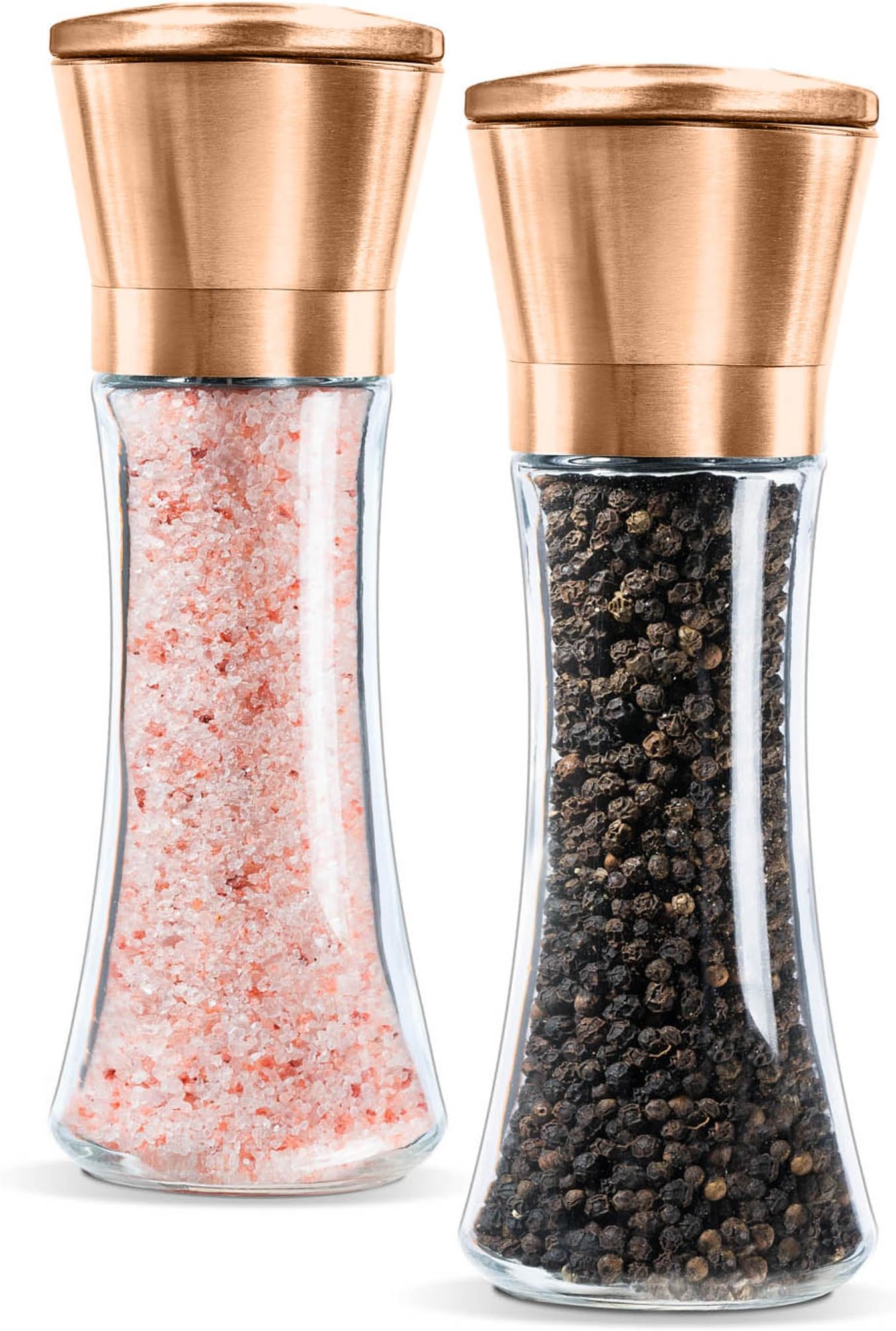 Premium Salt and Pepper Grinder Set of 2- Brushed Pepper Mill and Salt Mill, 6 Oz Glass Tall Body, 5 Grade Adjustable Ceramic Rotor- Salt and Pepper Shakers By Levav (Copper)