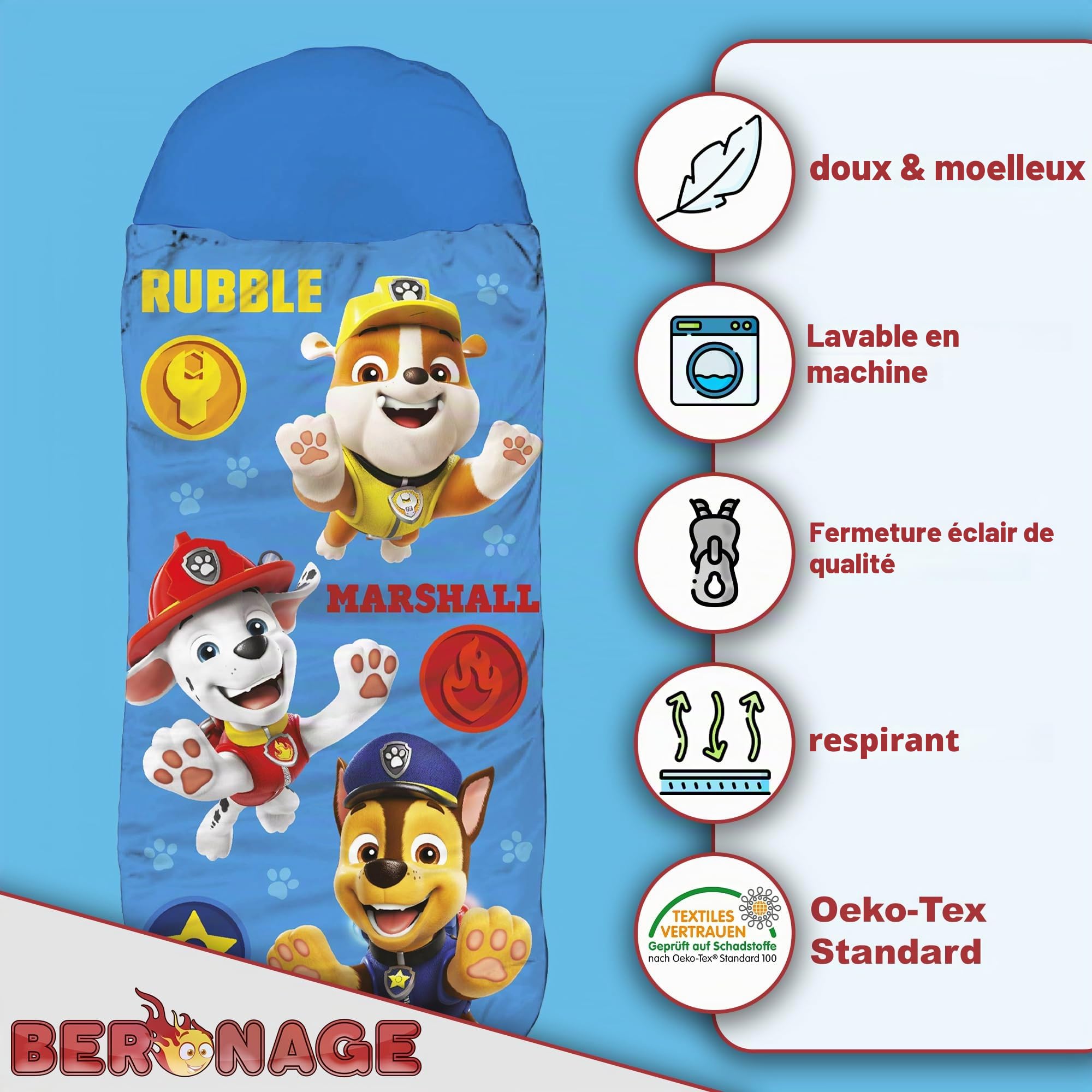 BERONAGE Paw Patrol Sac de couchage pour enfants – Bleu, 140 cm + 30 cm (capuche) x 70 cm, idéal pour extérieur/intérieur, Rubble, Marshall, Chase, Mummy Sac de couchage pour camping, filles et