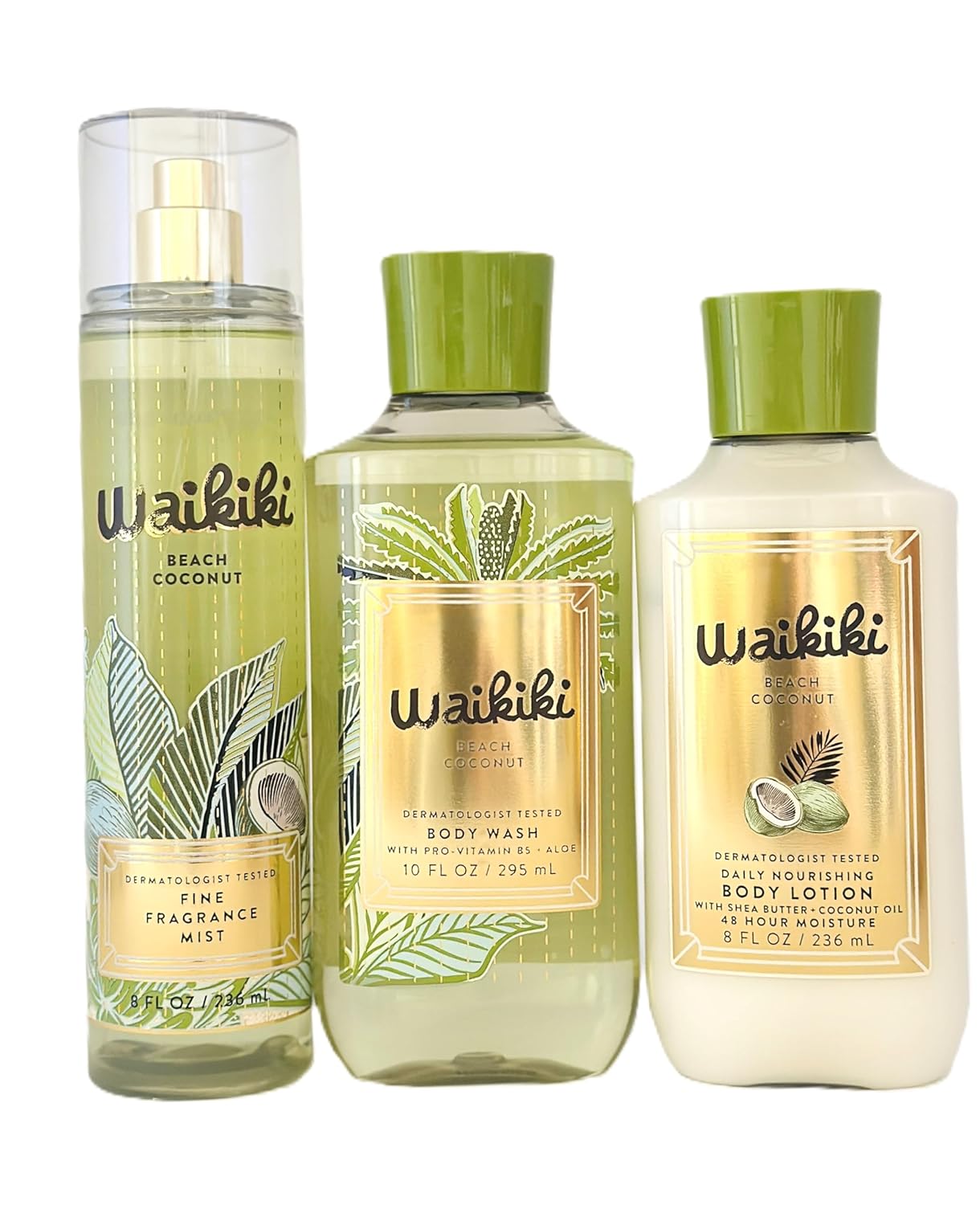 WAIKIKI BEACH COCONUT Bath and Body Fine Fragrance Mist 8 fl oz Daily Nourishing Body Loiton 8 oz Body Wash 10 fl oz 3 pcs bundle Gift Set