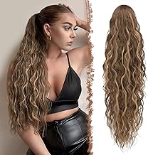 FESHFEN Natural Long Hair Ponytail with Drawstring, Honey Blonde Mixed Light Brown, Wavy Curly Synthetic Hair Extensions for Women 65cm