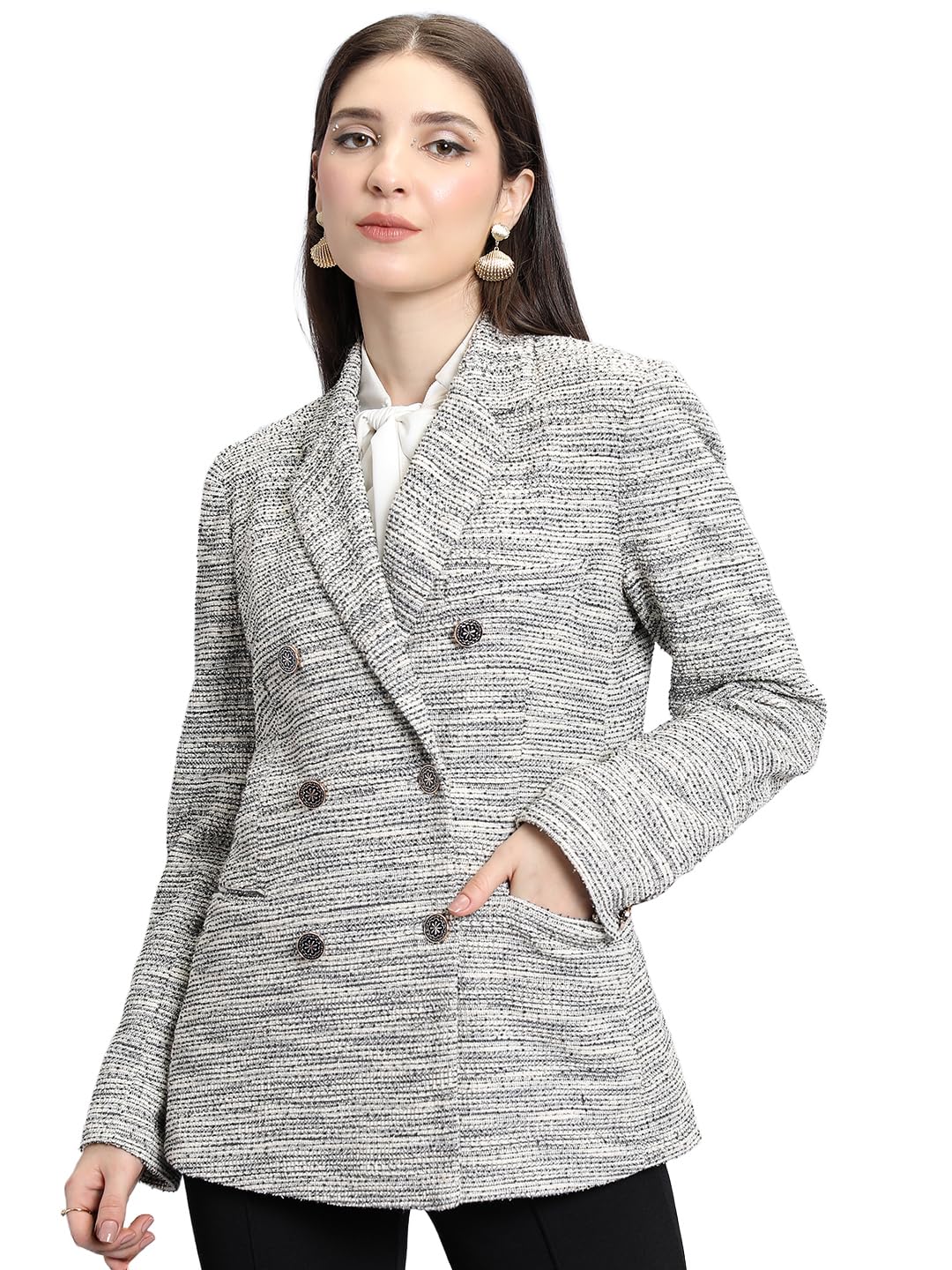 Chic by Tokyo TALKIES Pink Self-Designed Double-Breasted Longline Casual Blazer-image-31