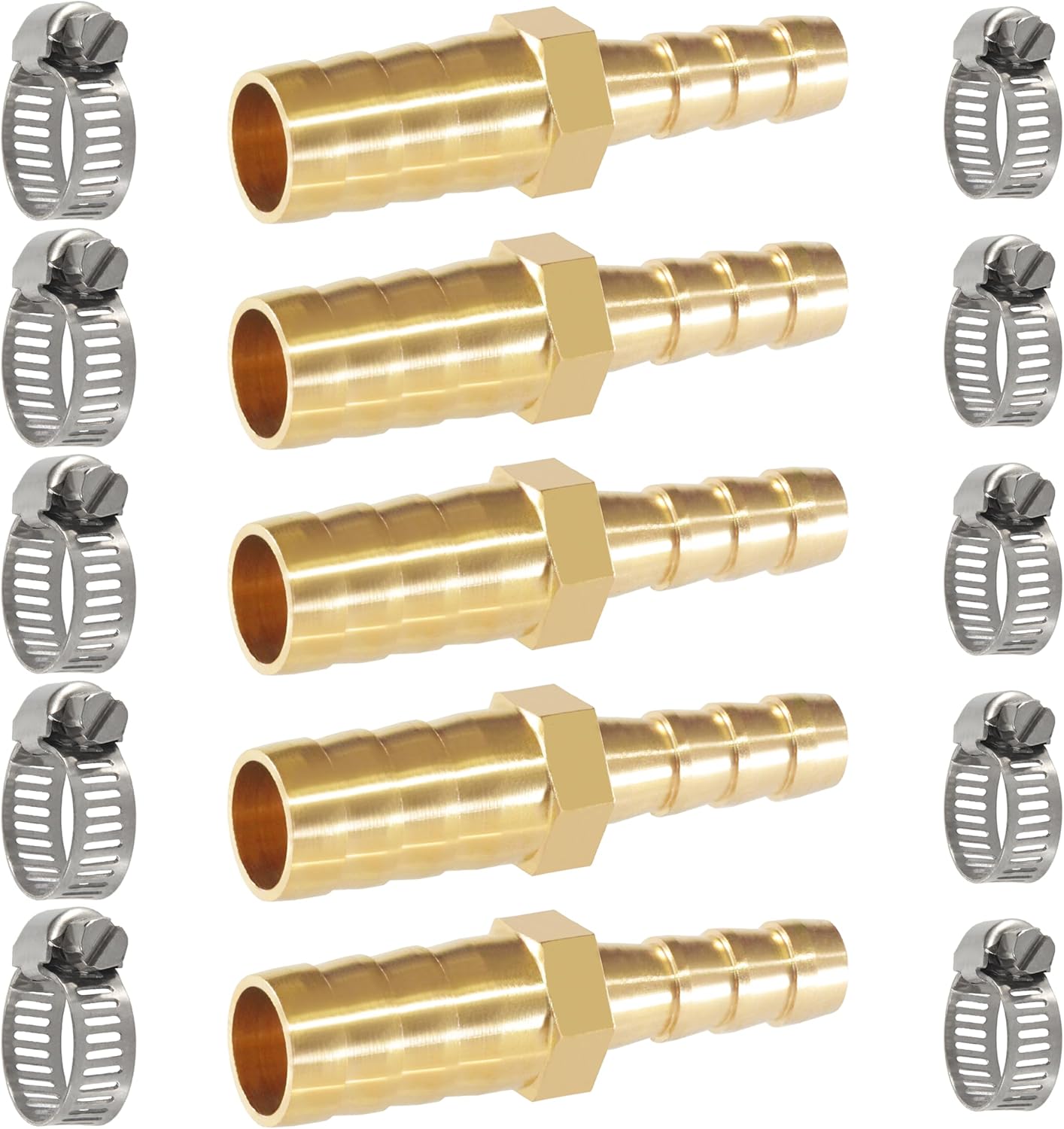 Brass Hose Barb Reducer 1/2" (12mm) to 5/16" (8mm) Reducing Barb Splicer Mender with Stainless Steel Pipe Clamps air Hose Repair kit for Pipe Line/Fuel/Air (Pack of 5)